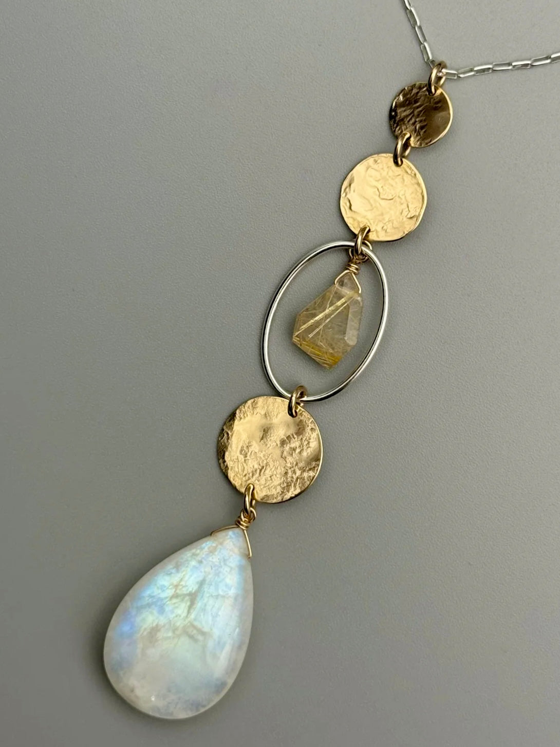 •NYX• rutilated quartz + rainbow moonstone mixed metal necklace (26"-28" long)