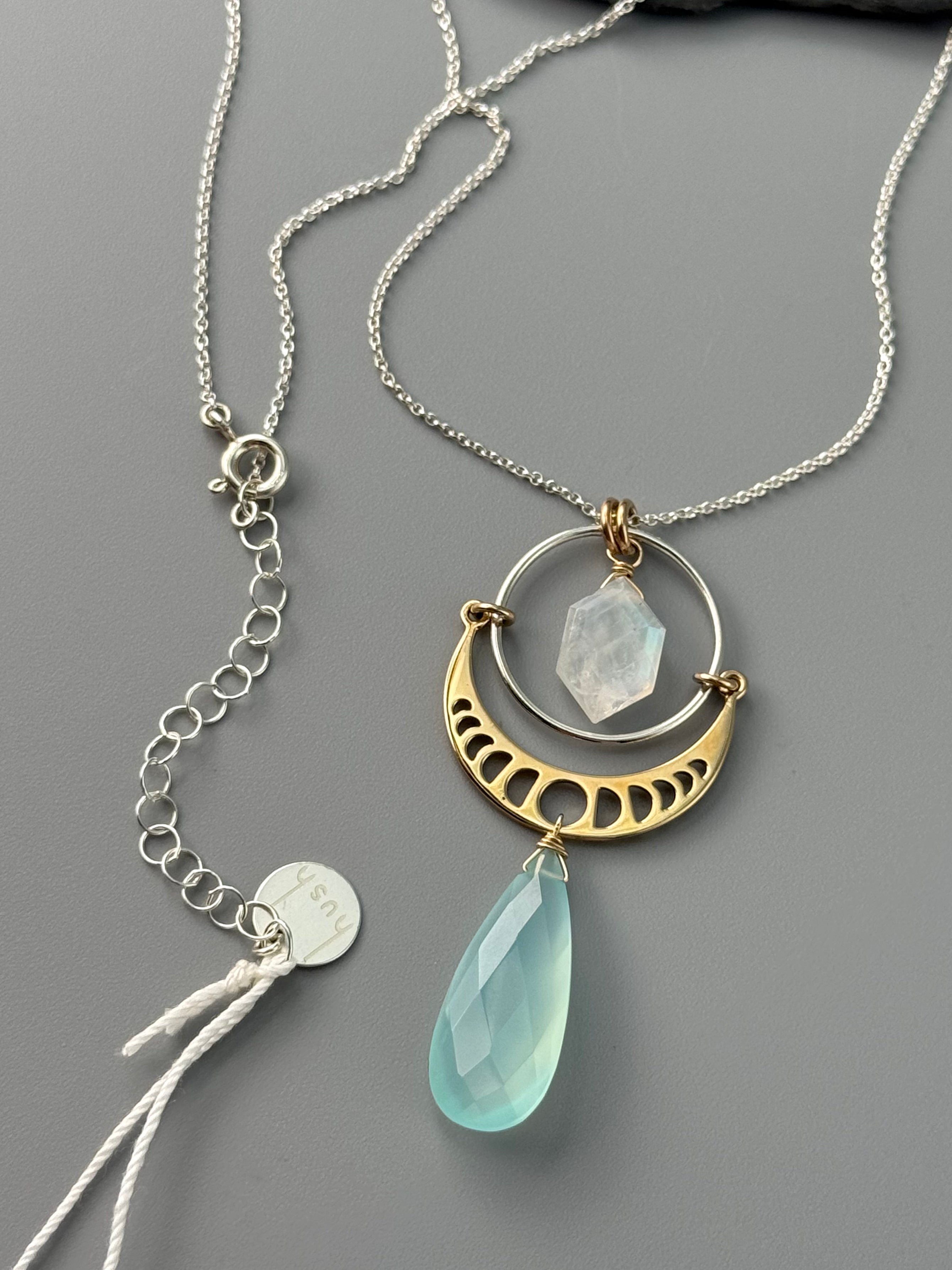 •NYX• rainbow moonstone + aqua chalcedony mixed metal necklace (18"-20" long)