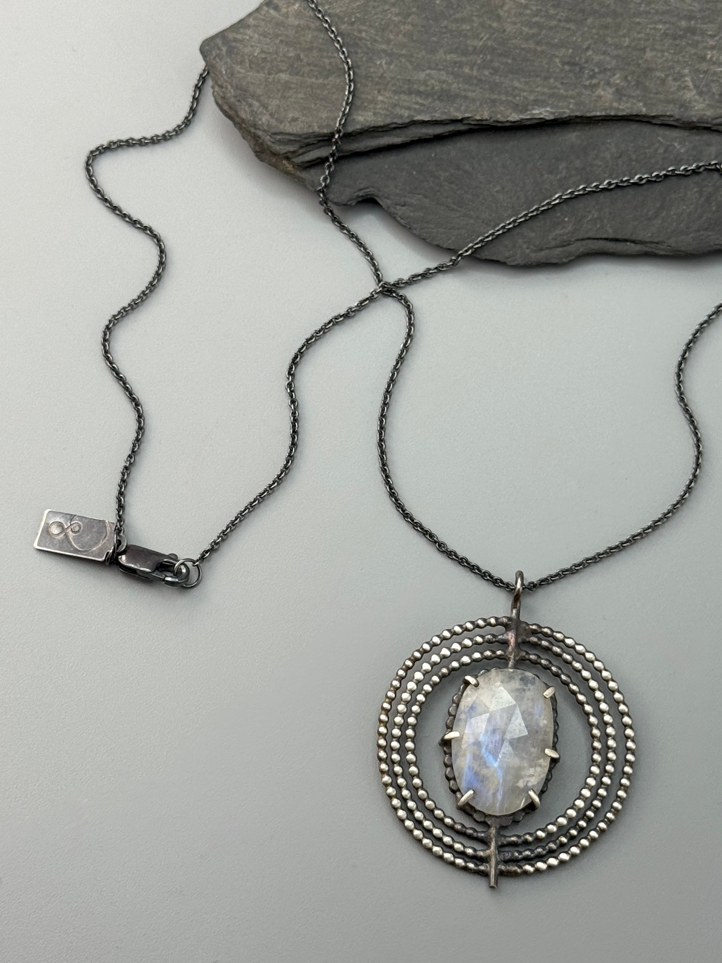 •INNER COMPASS• rainbow moonstone oval + silver necklace (18" long)