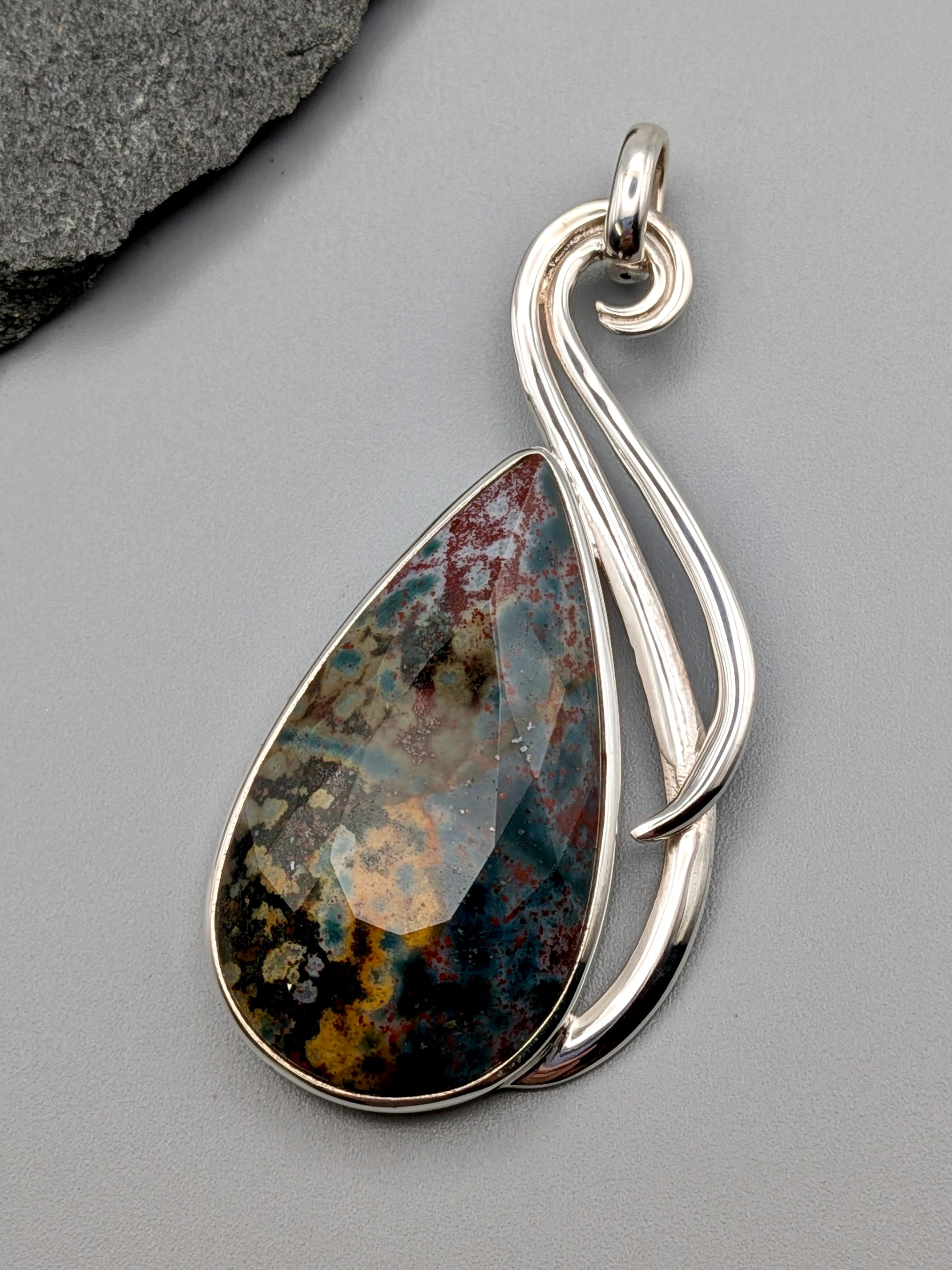 •BLOODSTONE - FACETED TEARDROP - FLOURISH• sterling silver pendant