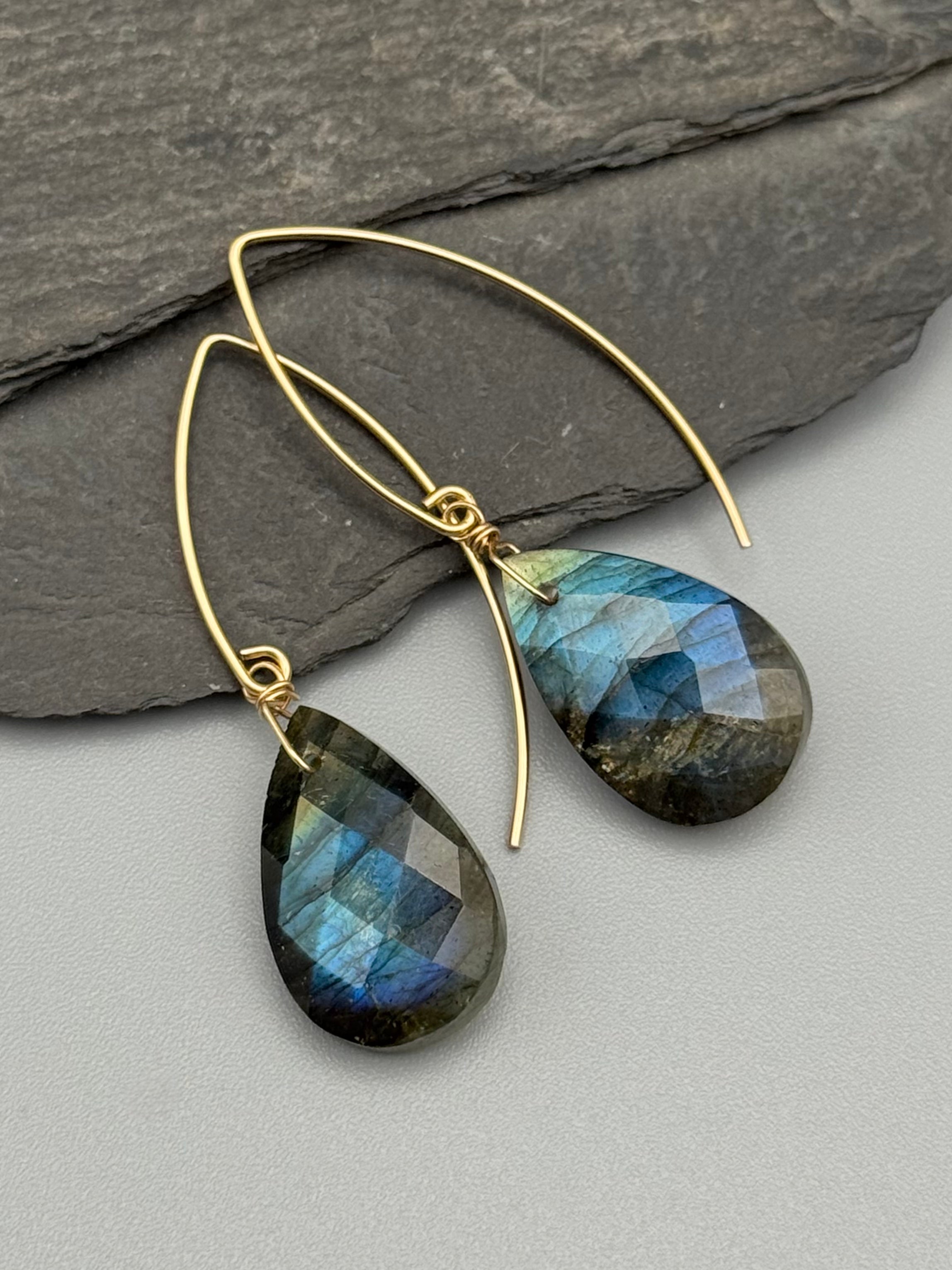•STRAY• faceted labradorite tear + gold earrings