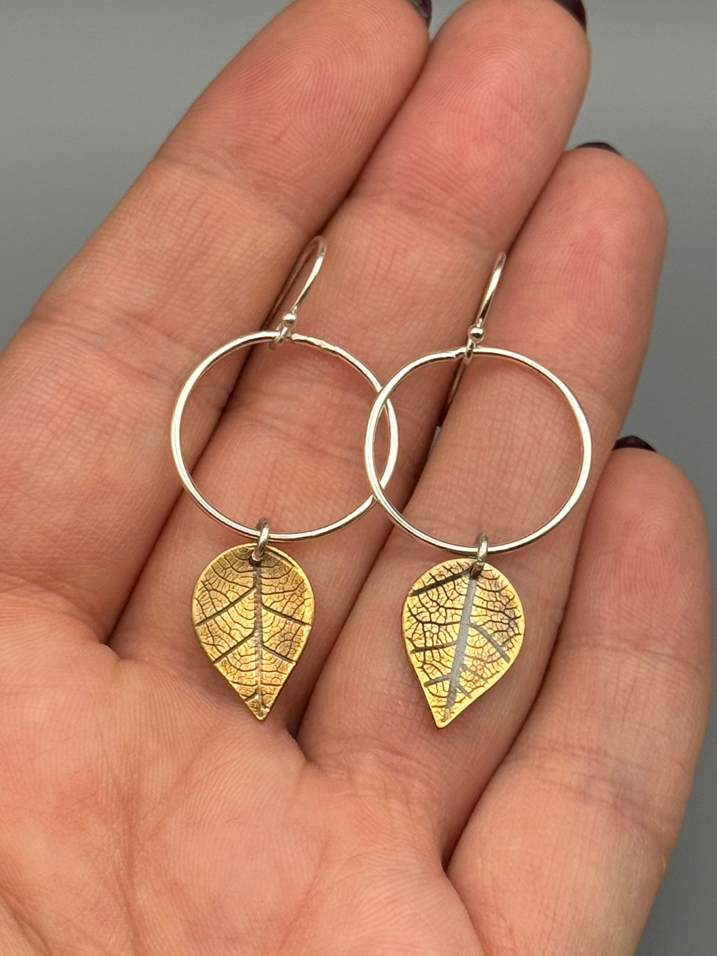•LEAF MOON• mixed metal dangle earrings