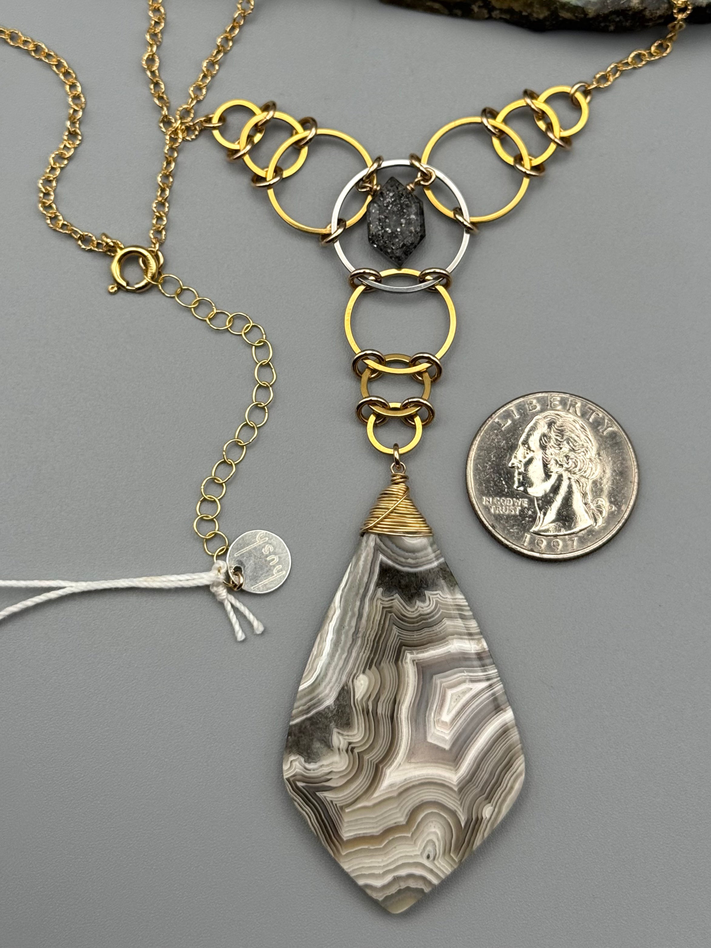 •EOWYN• black aventurine + lace agate mixed metal necklace (17"-19" long)