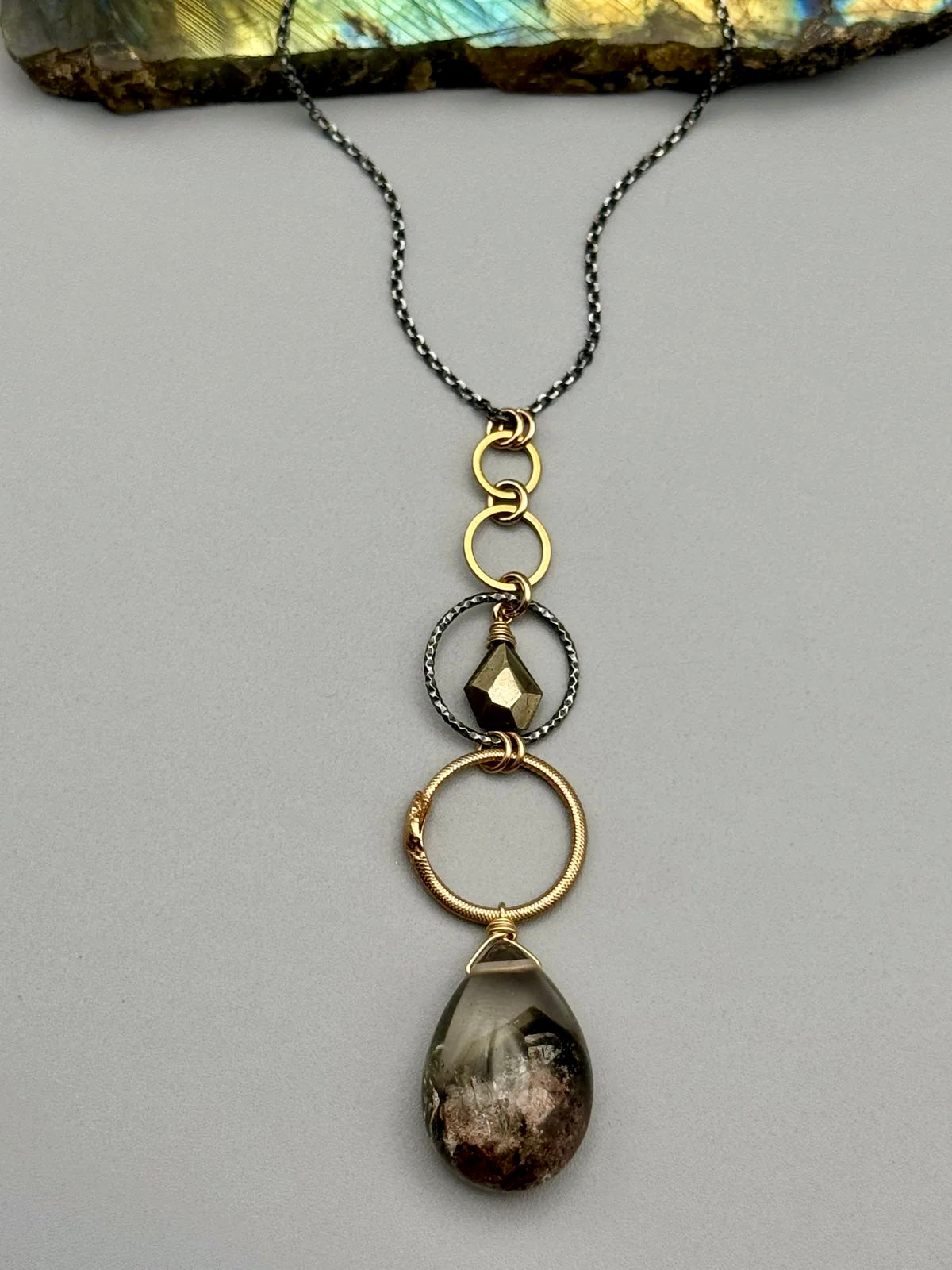 •NĀGA• pyrite + lodolite mixed metal necklace (26"-28" long)