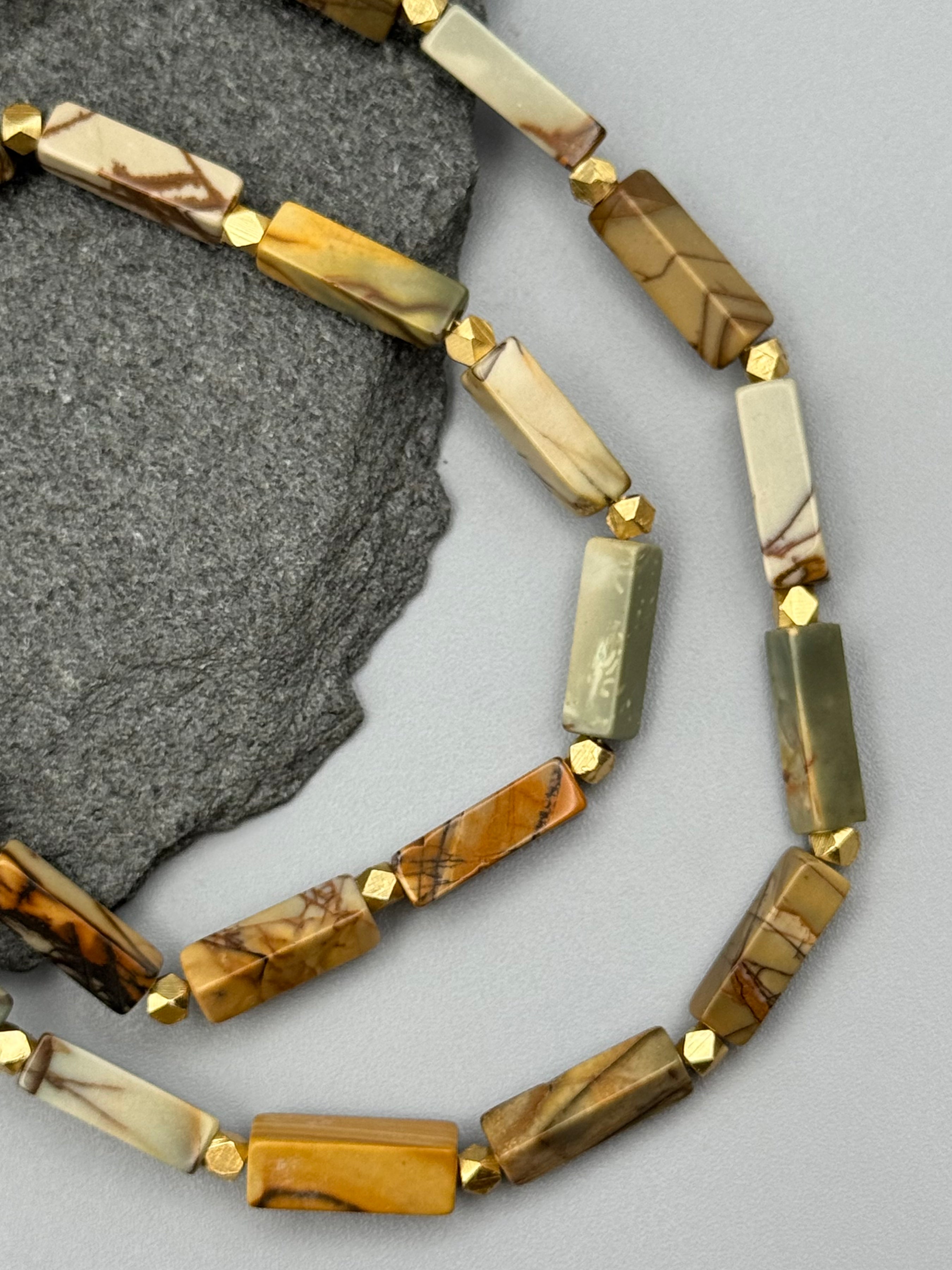 •LIL' CUBOIDS• red creek jasper + gold beaded necklace (16.5"-18" long)
