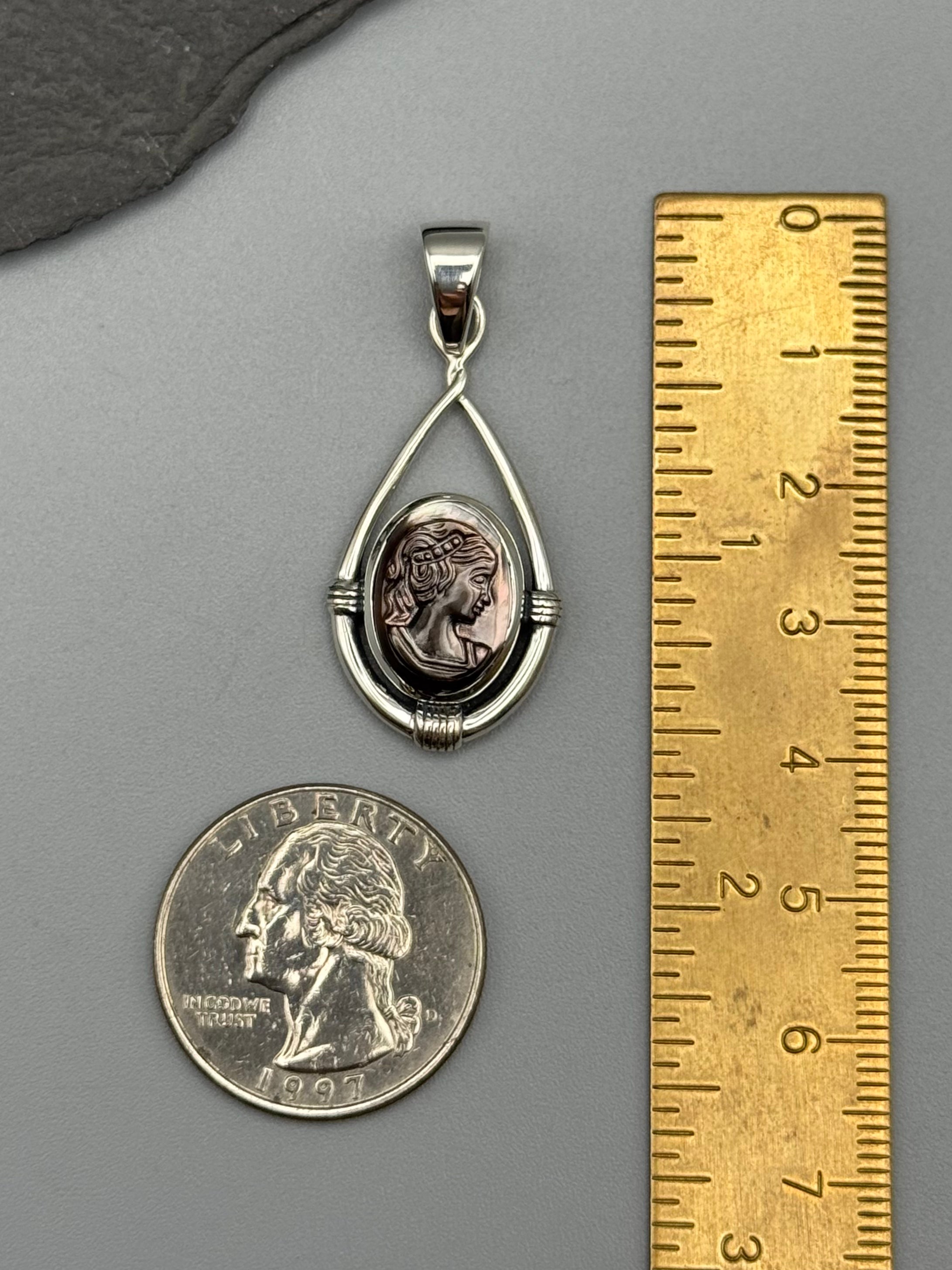 •MOTHER OF PEARL CAMEO - HITCHED - 2• sterling silver pendant