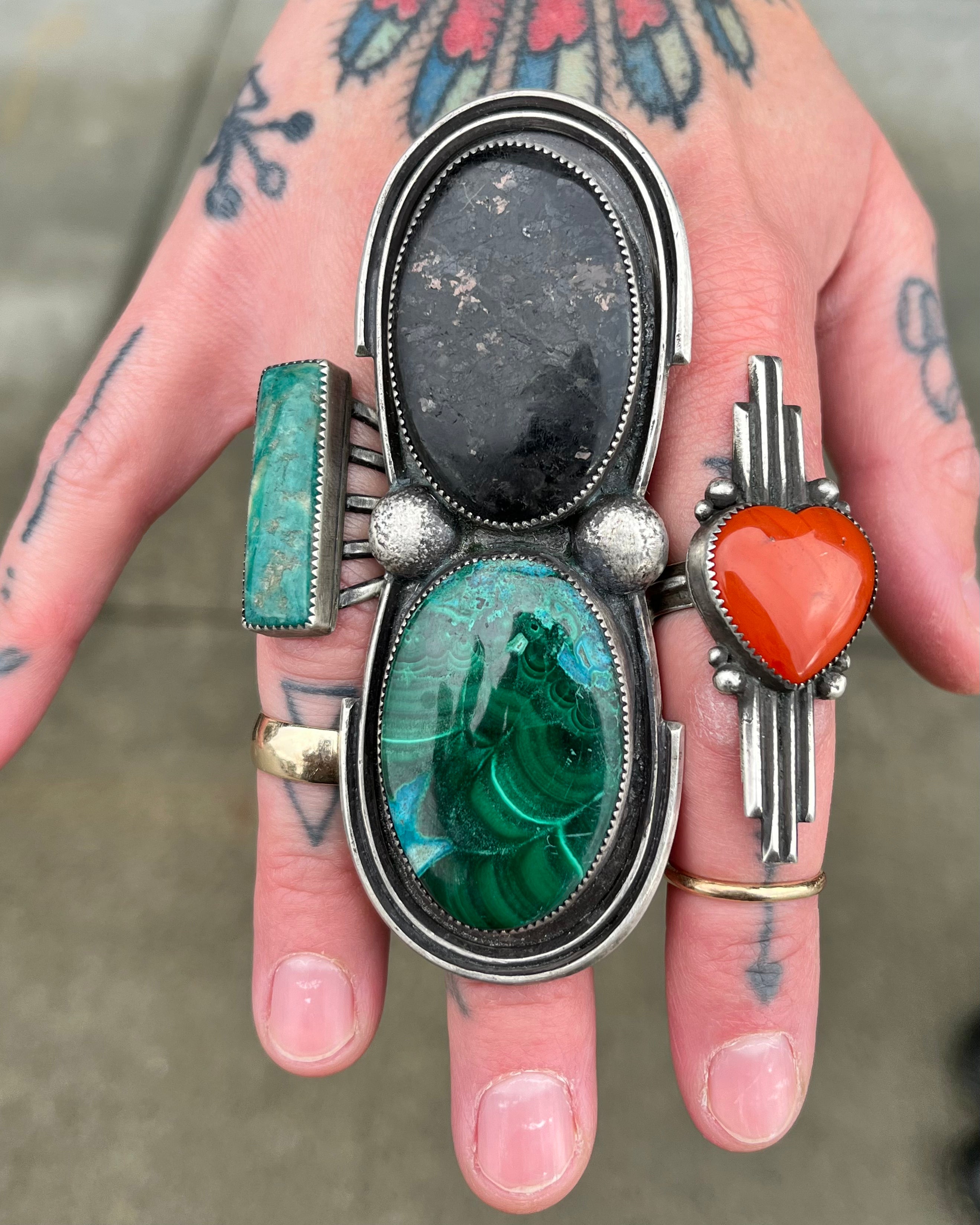 •DYNAMIC DUO• malachite + obsidian + silver ring - SIZE 8