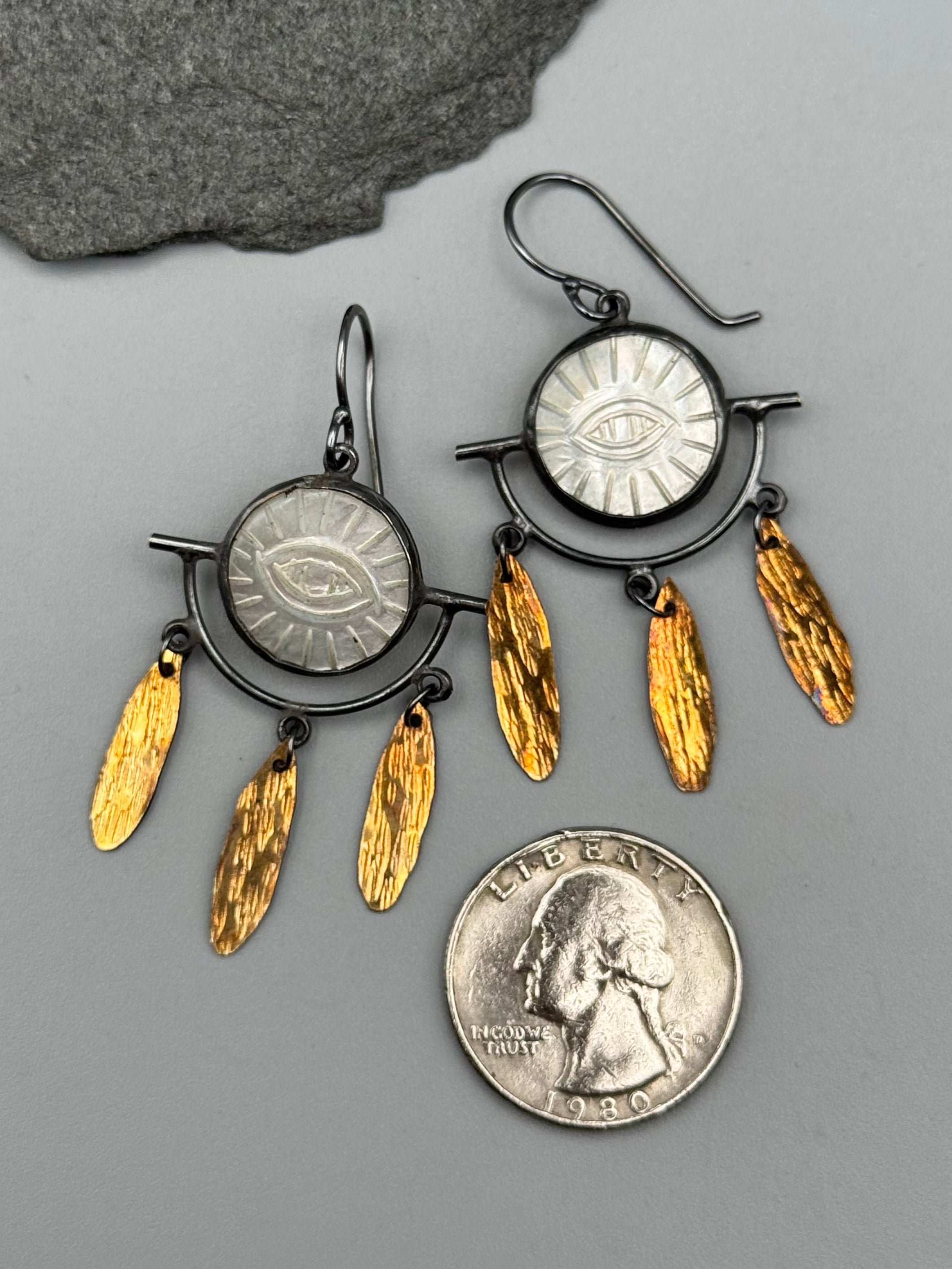 •PROTECTIVE EYE• carved mother of pearl + mixed metal dangle earrings