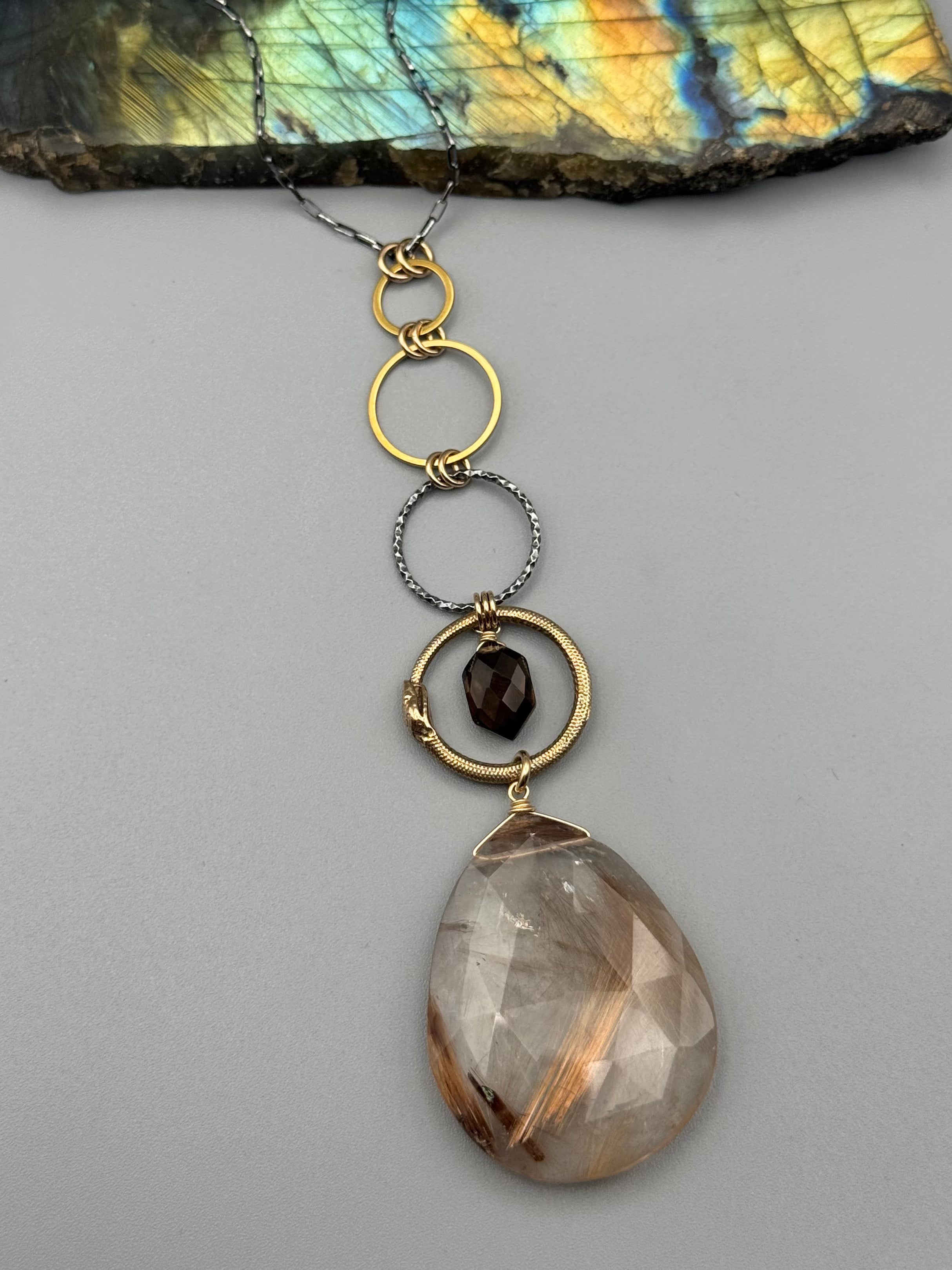 •NĀGA• smoky quartz + rutilated quartz mixed metal necklace (26"-28" long)