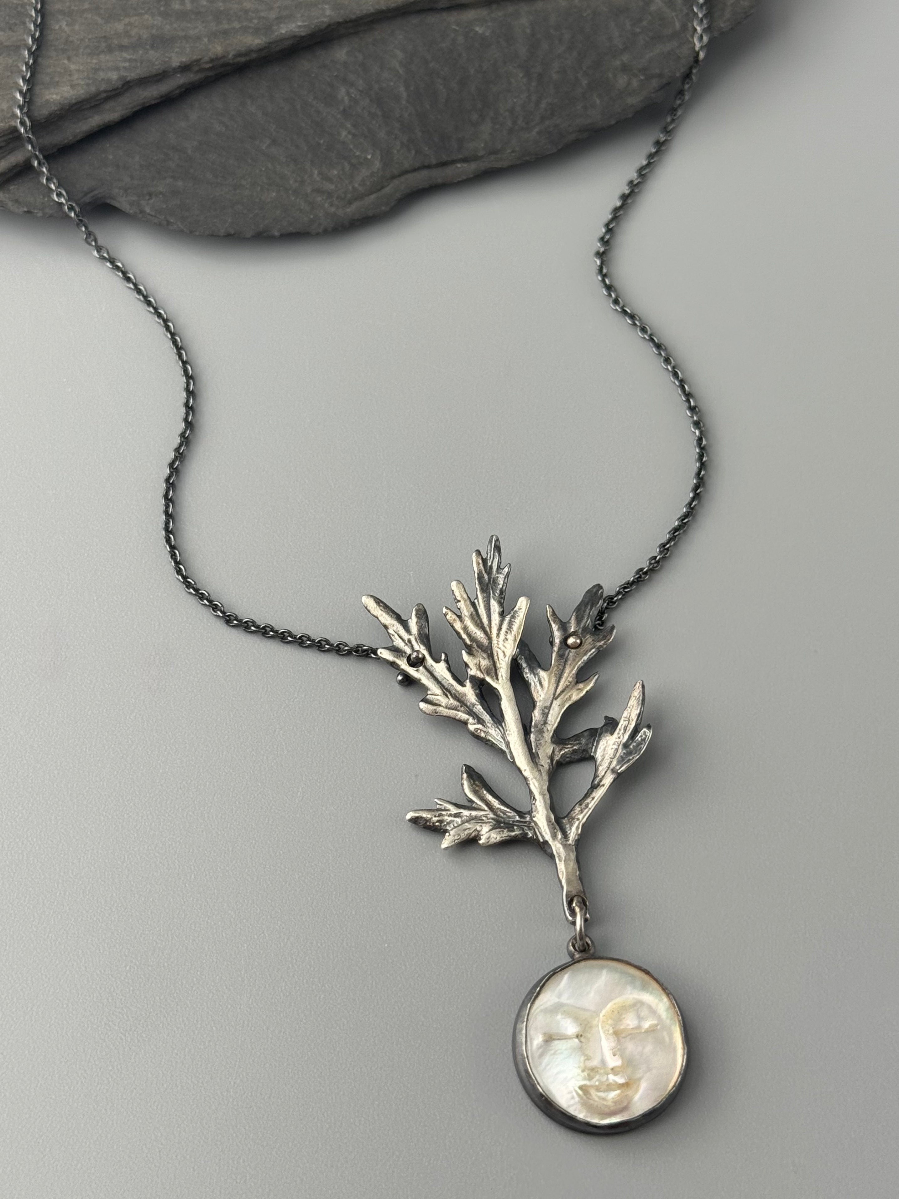 •LIL' LADY MUGWORT• carved mother of pearl + silver necklace (18" long)