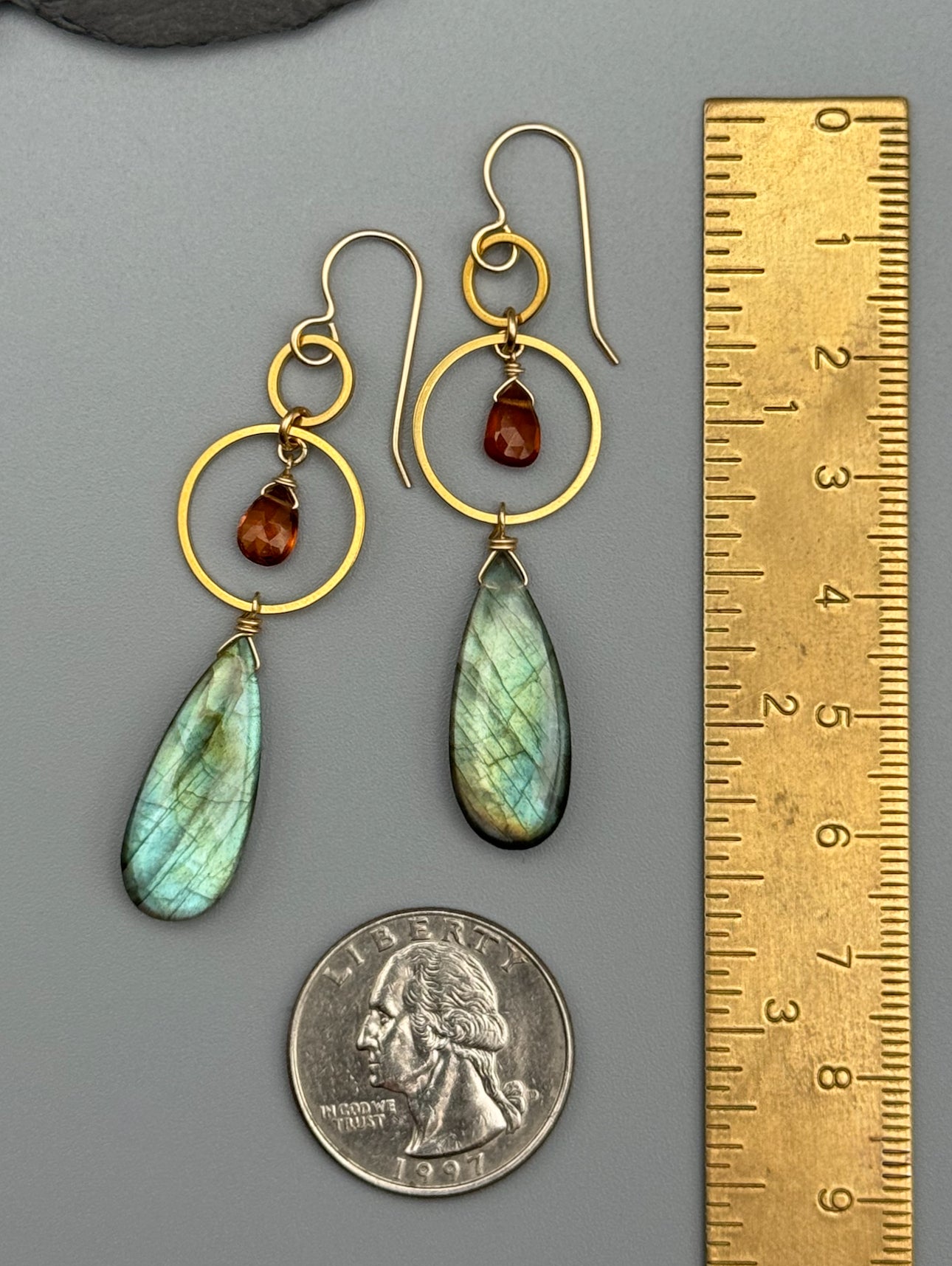 •EQUA-LUNA• hessonite garnet + labradorite gold earrings