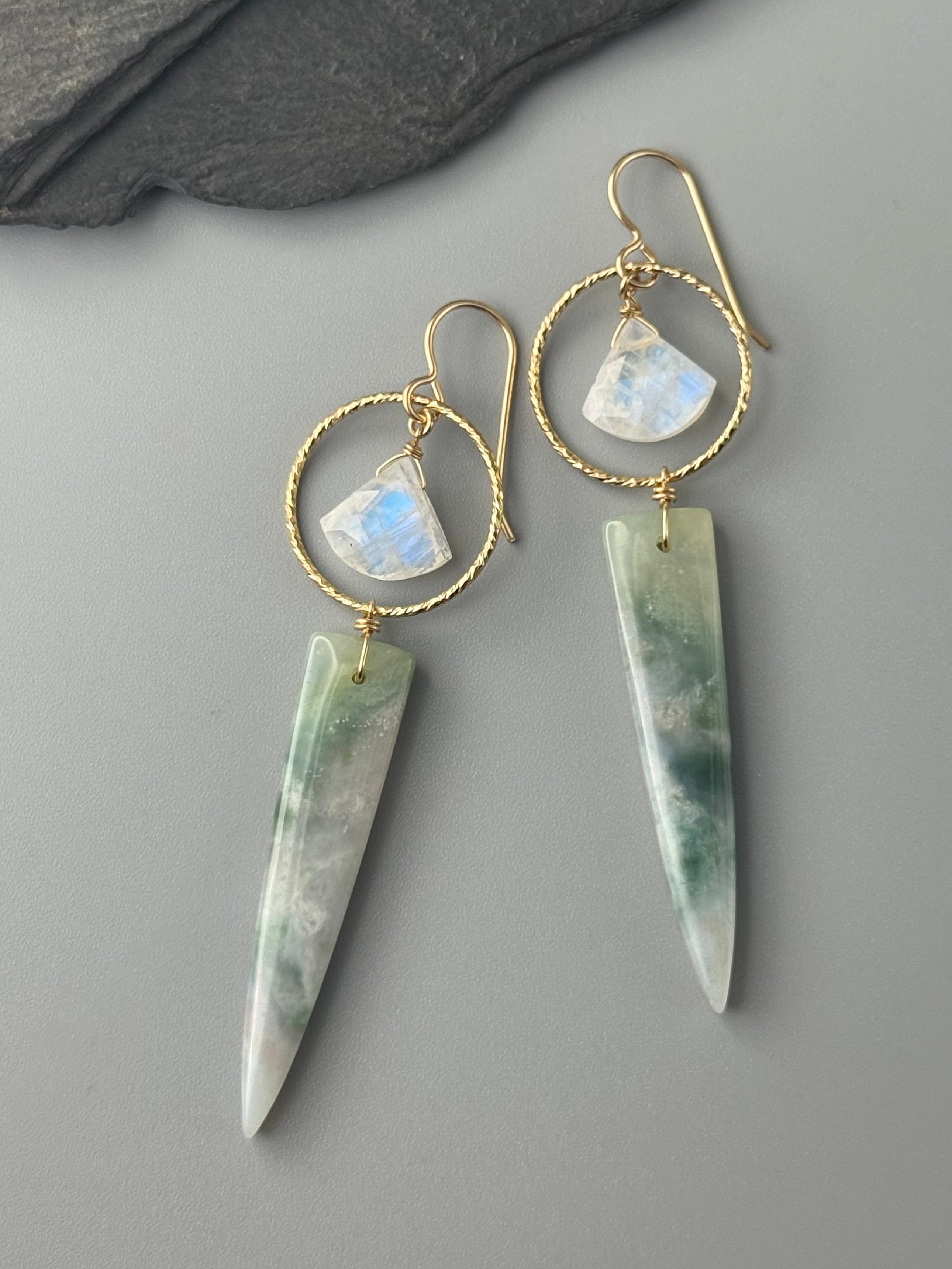 •LUNA• rainbow moonstone + jade gold earrings