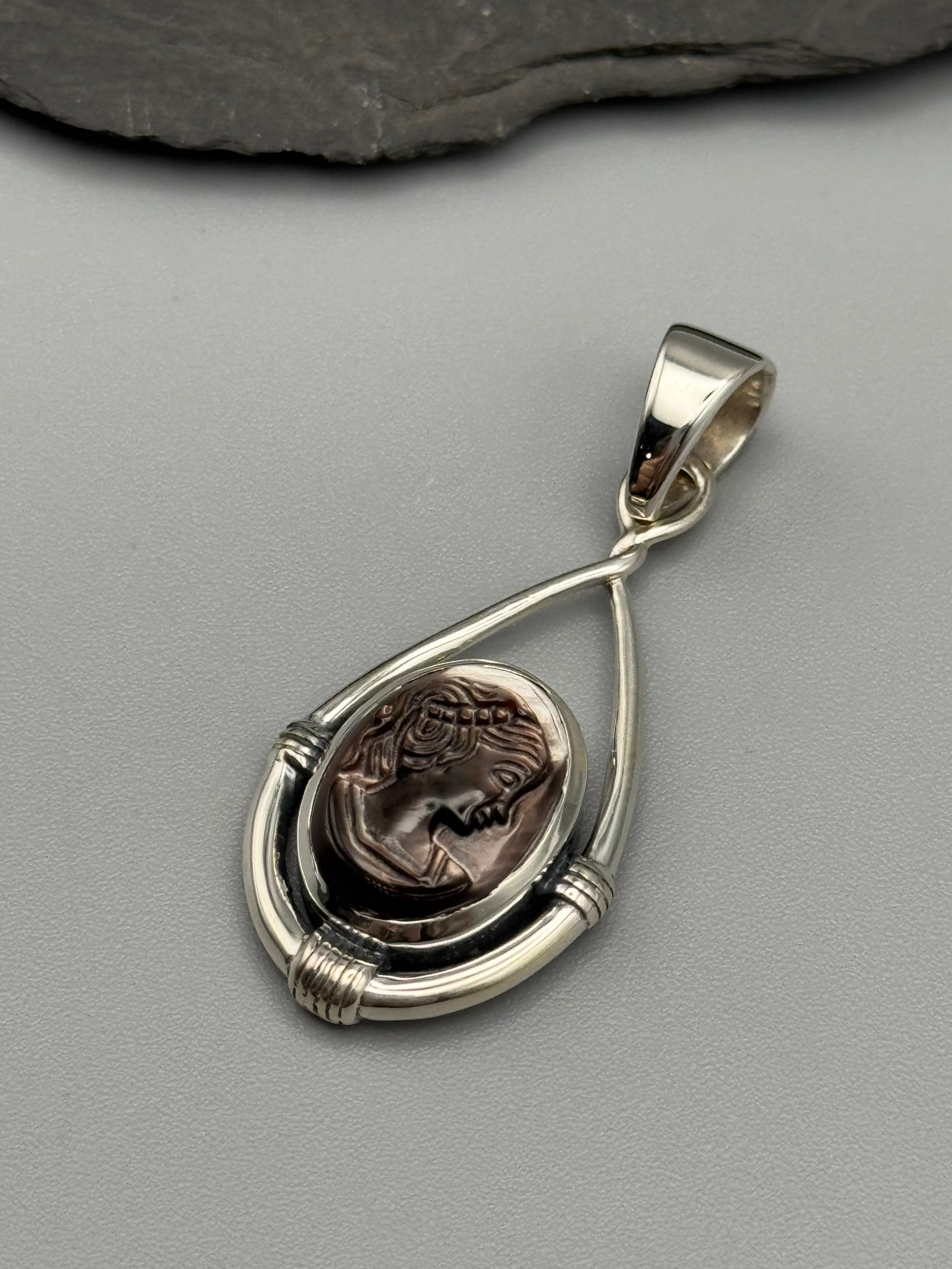 •MOTHER OF PEARL CAMEO - HITCHED - 2• sterling silver pendant