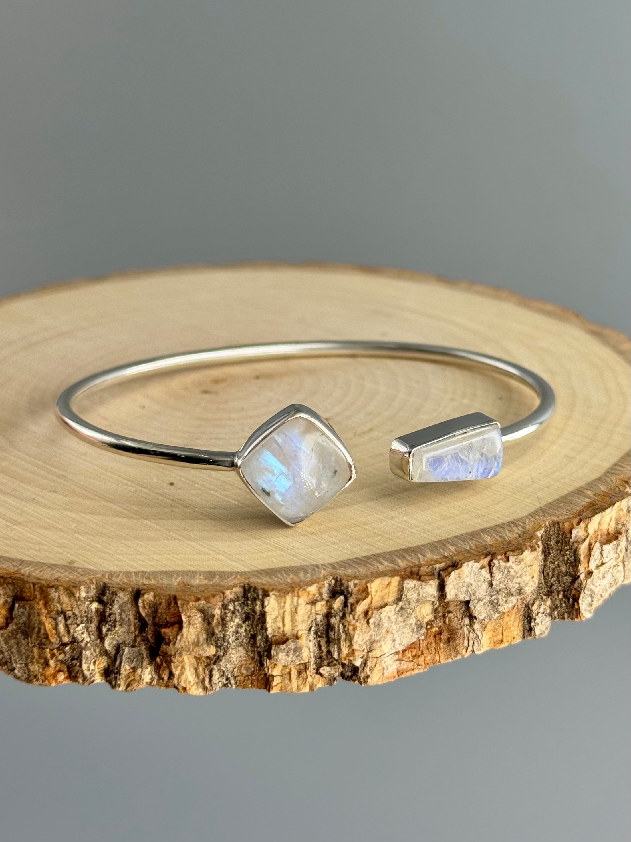 •DIAMOND + PORTAL• rainbow moonstone + silver twist-on cuff bracelet