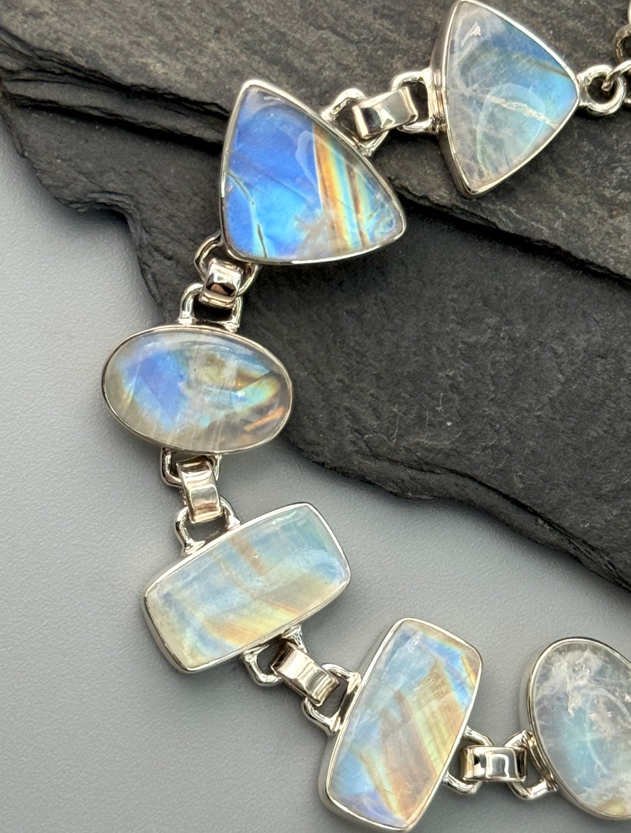 •RAINBOW MOONSTONE - GEO MIX• linked silver bracelet (6.25" - 7.75")