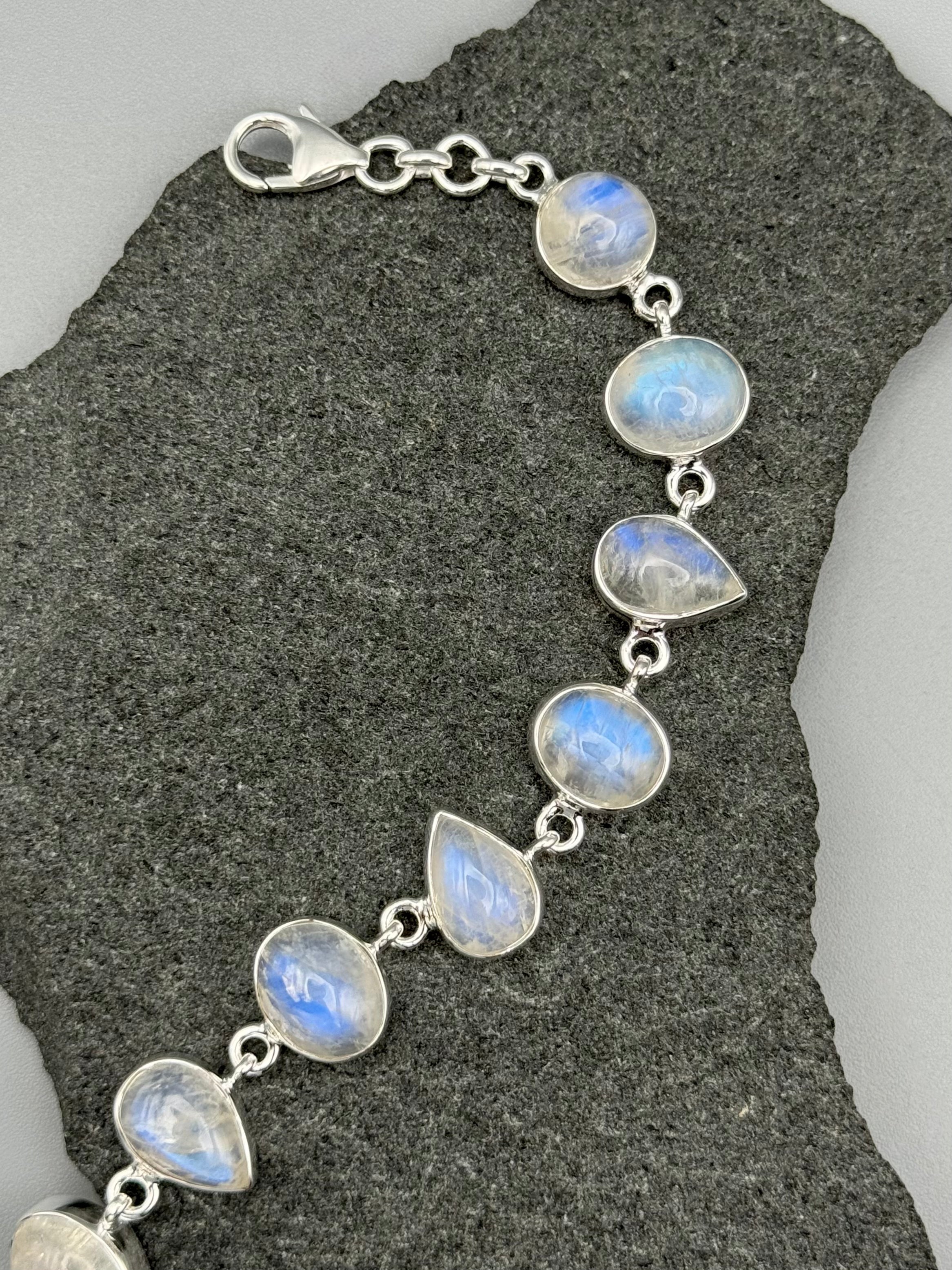 •RAINBOW MOONSTONE - GEO MIX• linked silver bracelet (7.5" - 9")
