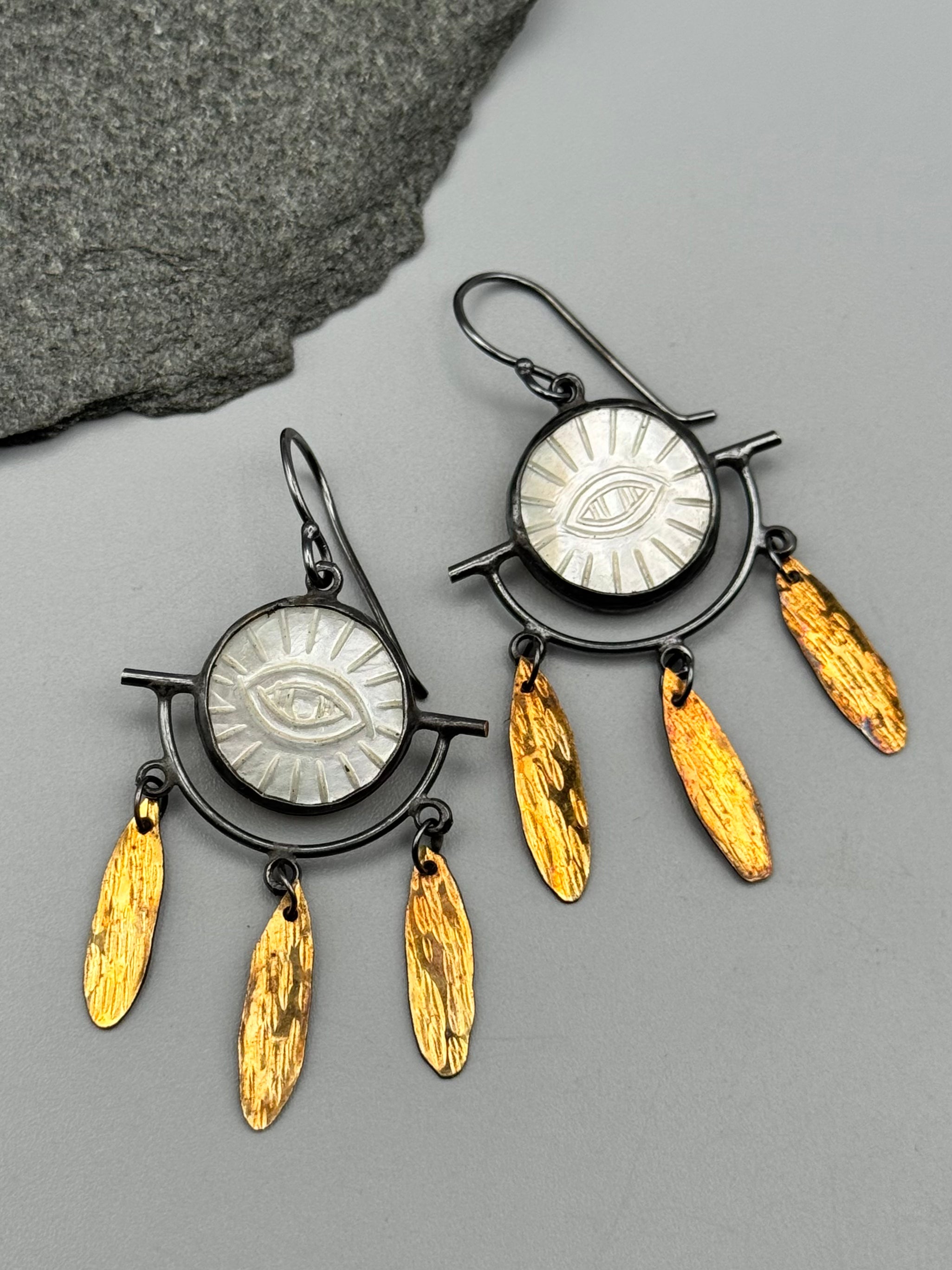 •PROTECTIVE EYE• carved mother of pearl + mixed metal dangle earrings