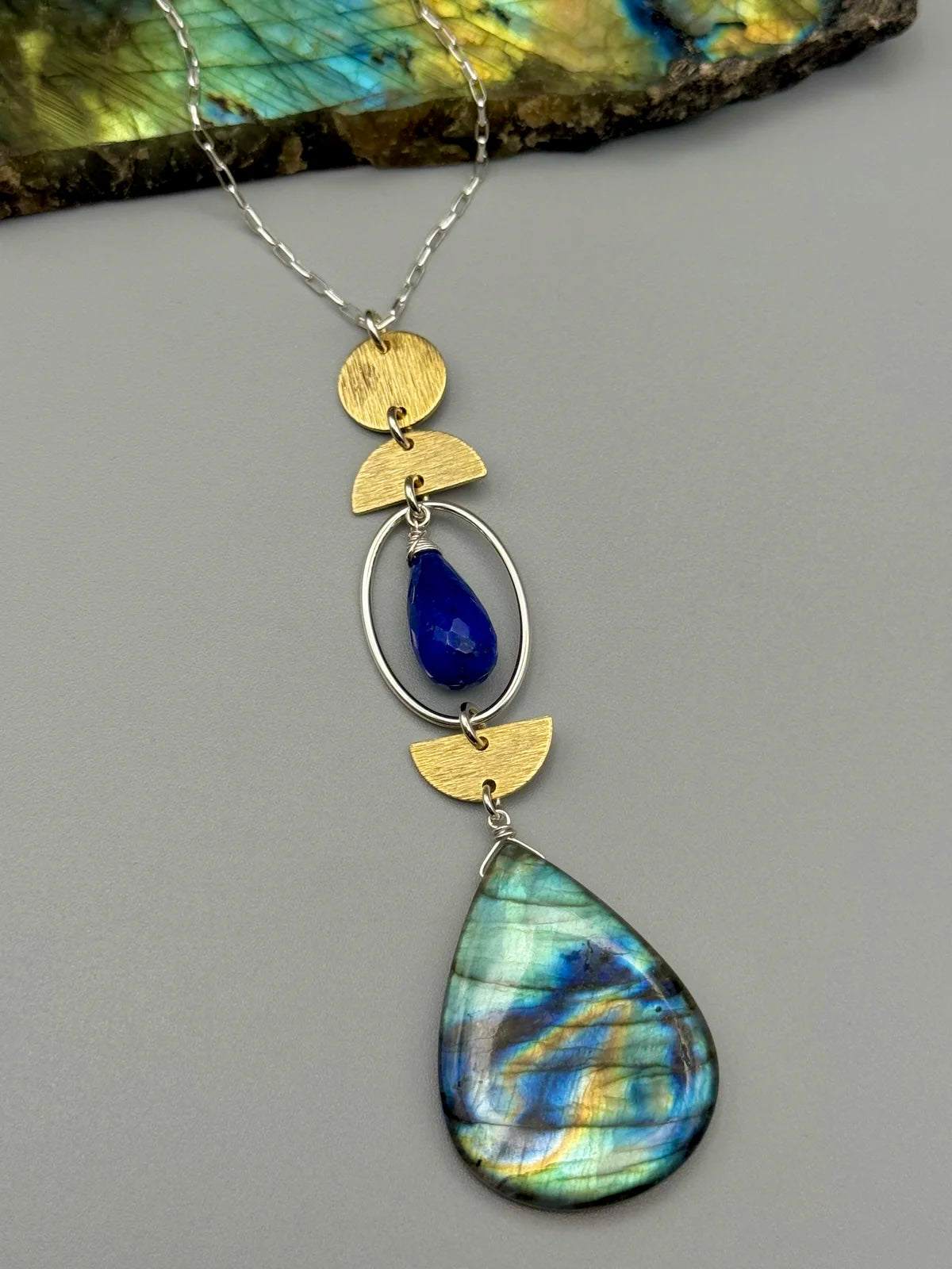 •NYX• lapis + labradorite mixed metal necklace (26"-28" long)