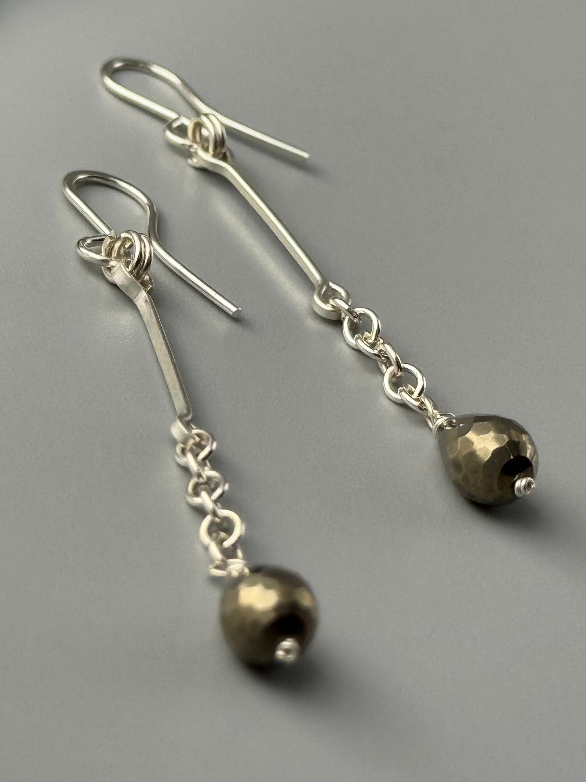 •LINEAR DROP• pyrite + silver dangle earrings