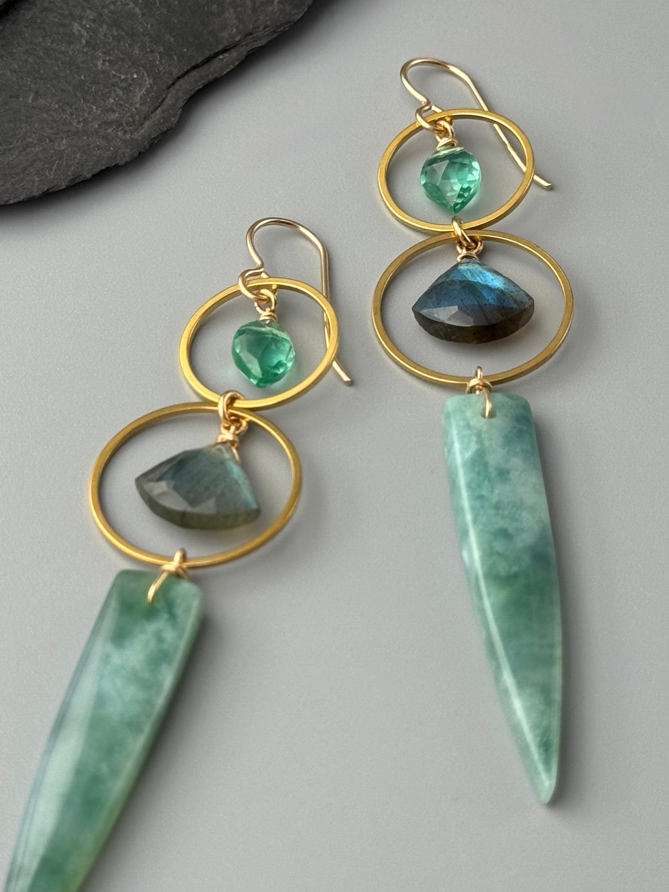 •EQUA-LUNA• paraiba quartz + labradorite + green mountain jade gold earrings