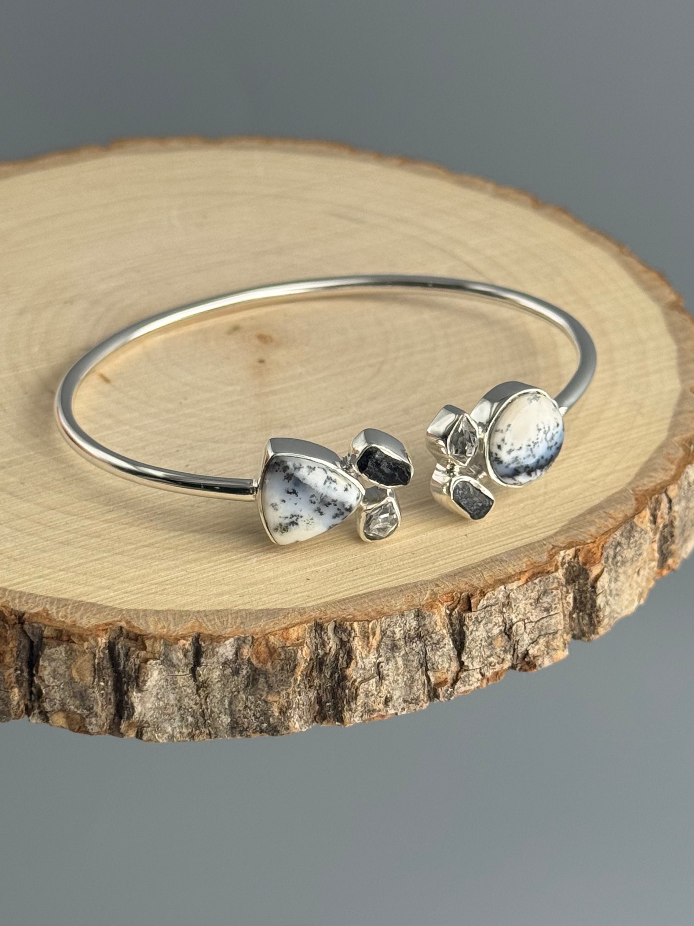 •CLUSTER• dendritic opal + black tourmaline + herkimer diamond + silver twist-on cuff bracelet