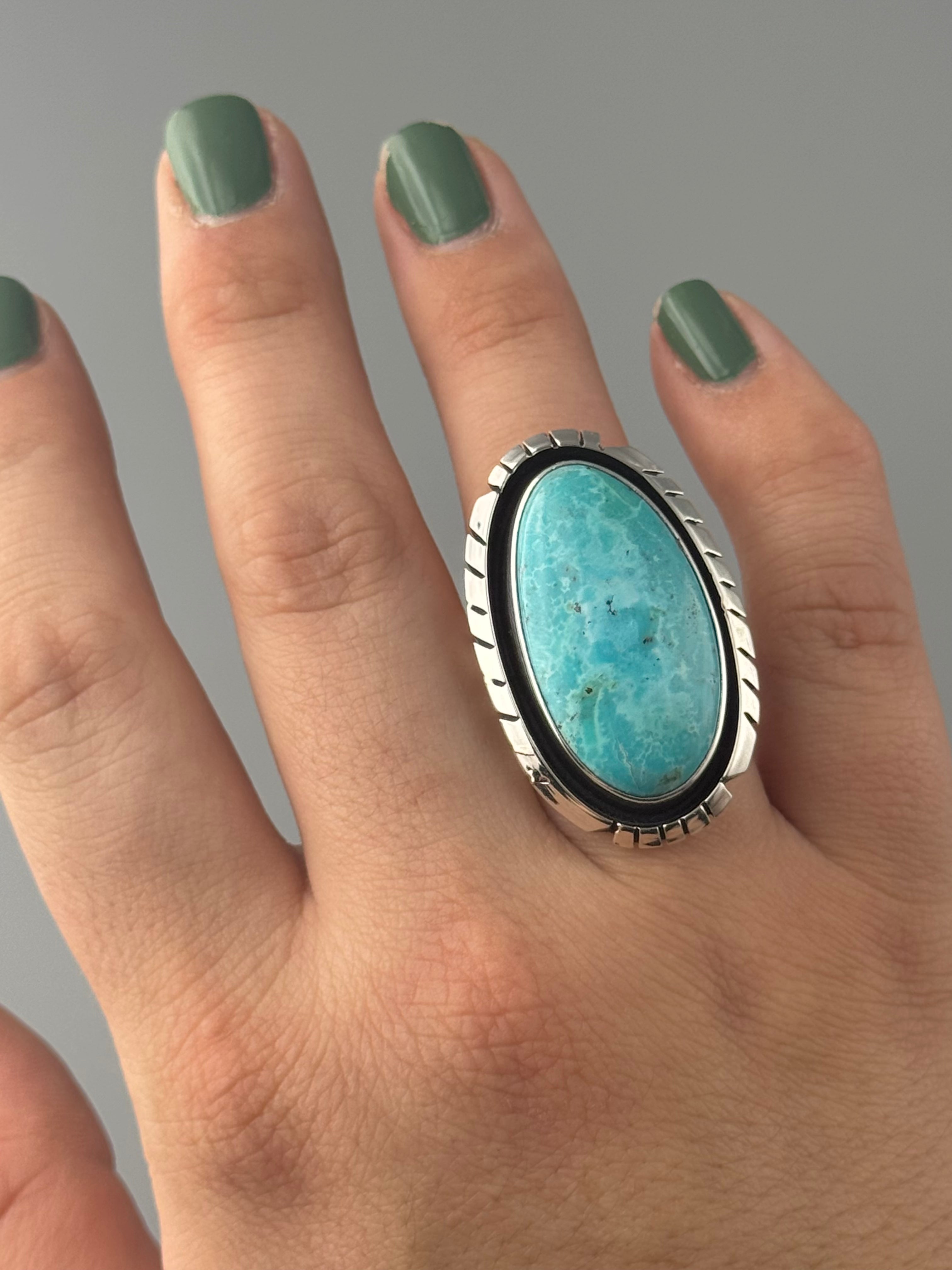 •KINGMAN TURQUOISE - ATSAH• Navajo silver ring (size 6.5)