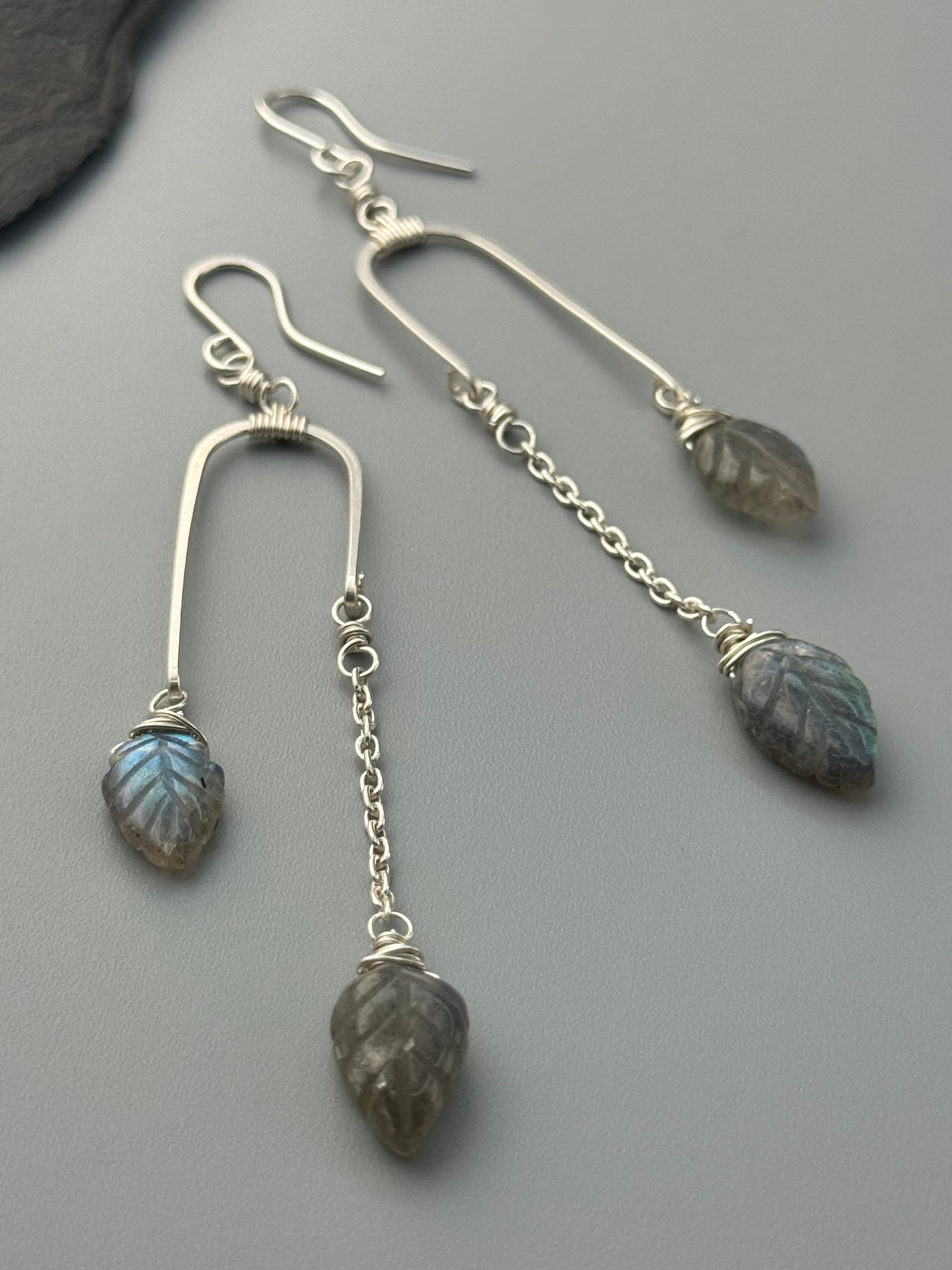 •BALANCING ACT• labradorite leaves + silver dangle earrings