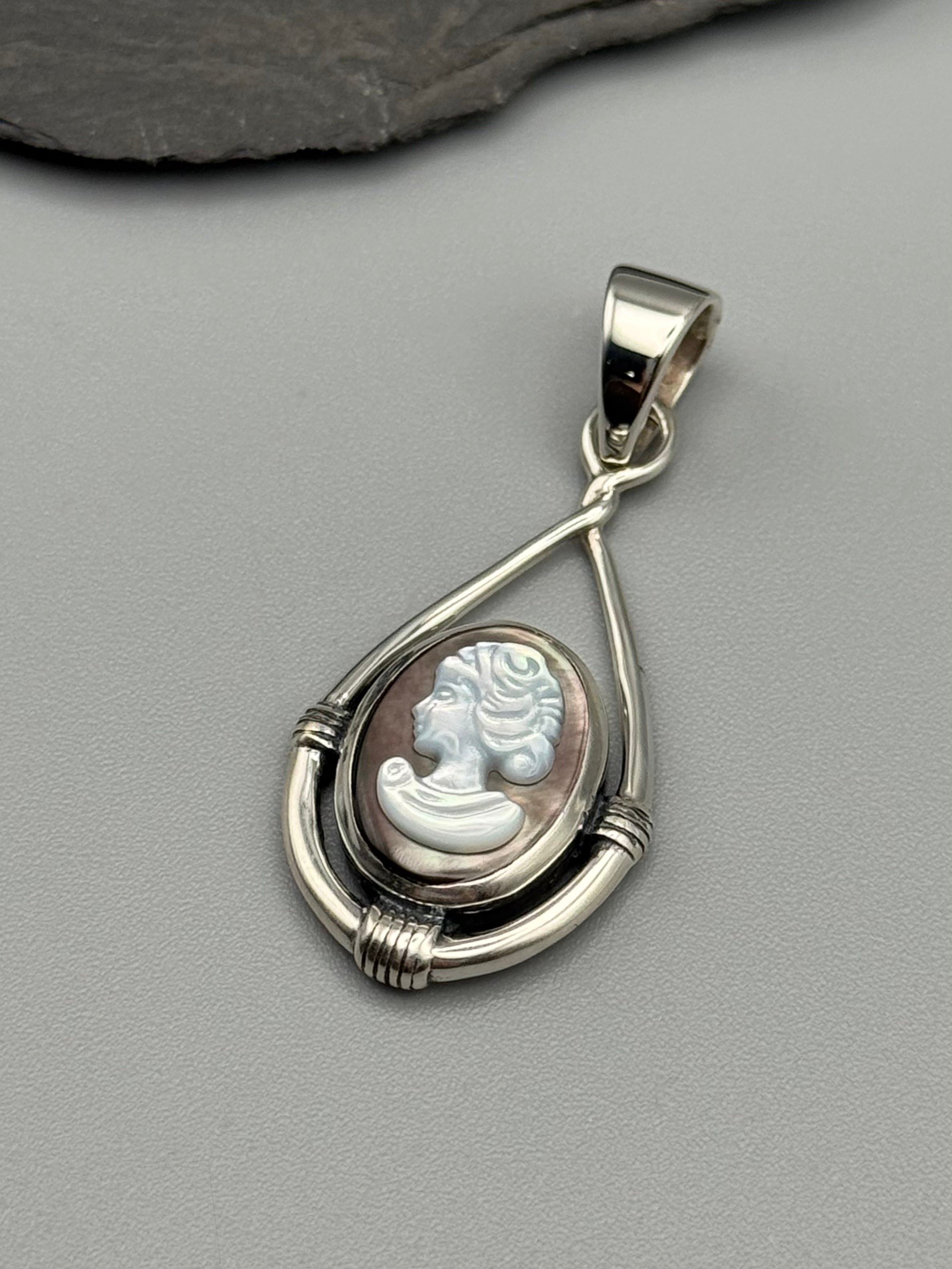 •MOTHER OF PEARL CAMEO - HITCHED - 1• sterling silver pendant