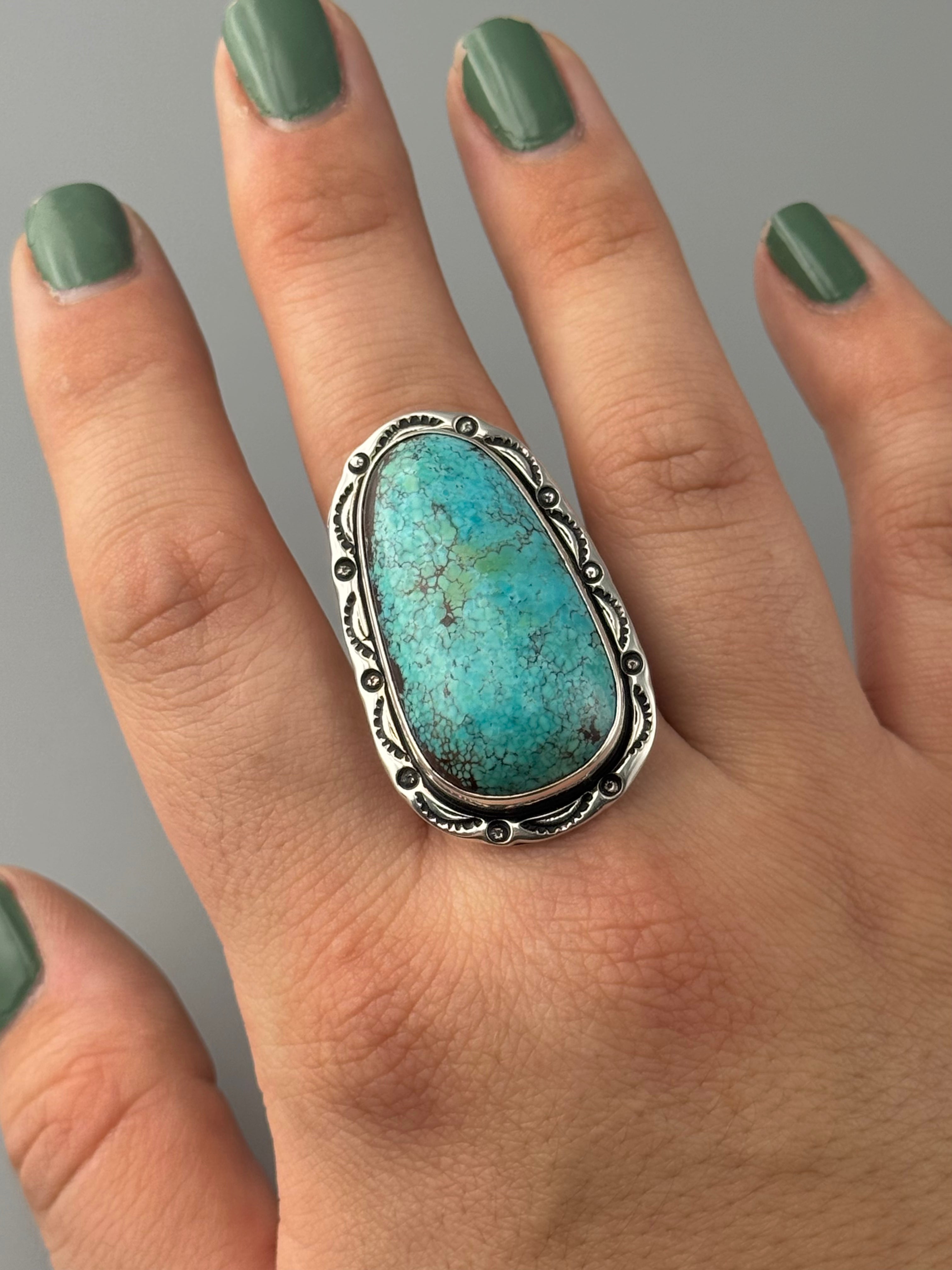 •CHINESE TURQUOISE - SHÁ• Navajo silver ring (size 10.5)