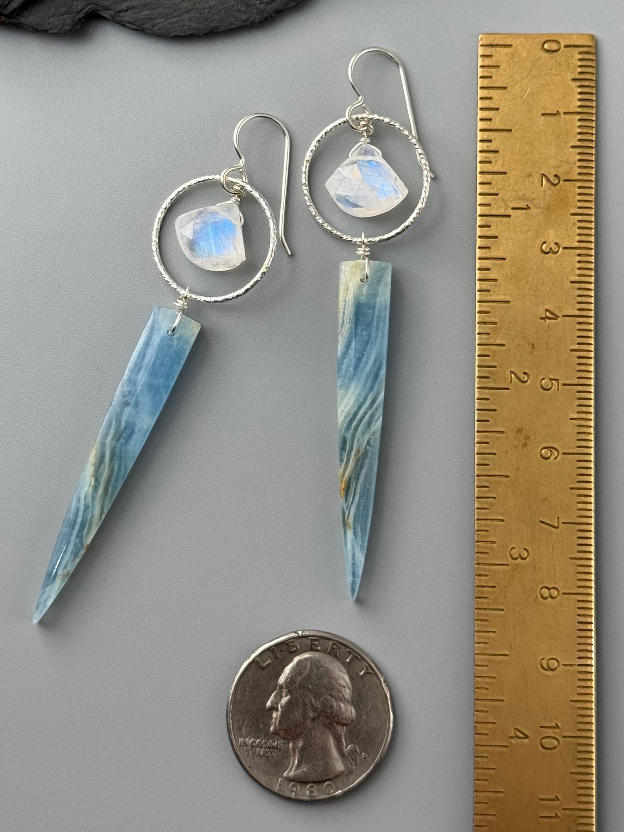 •LUNA• rainbow moonstone + blue calcite silver earrings