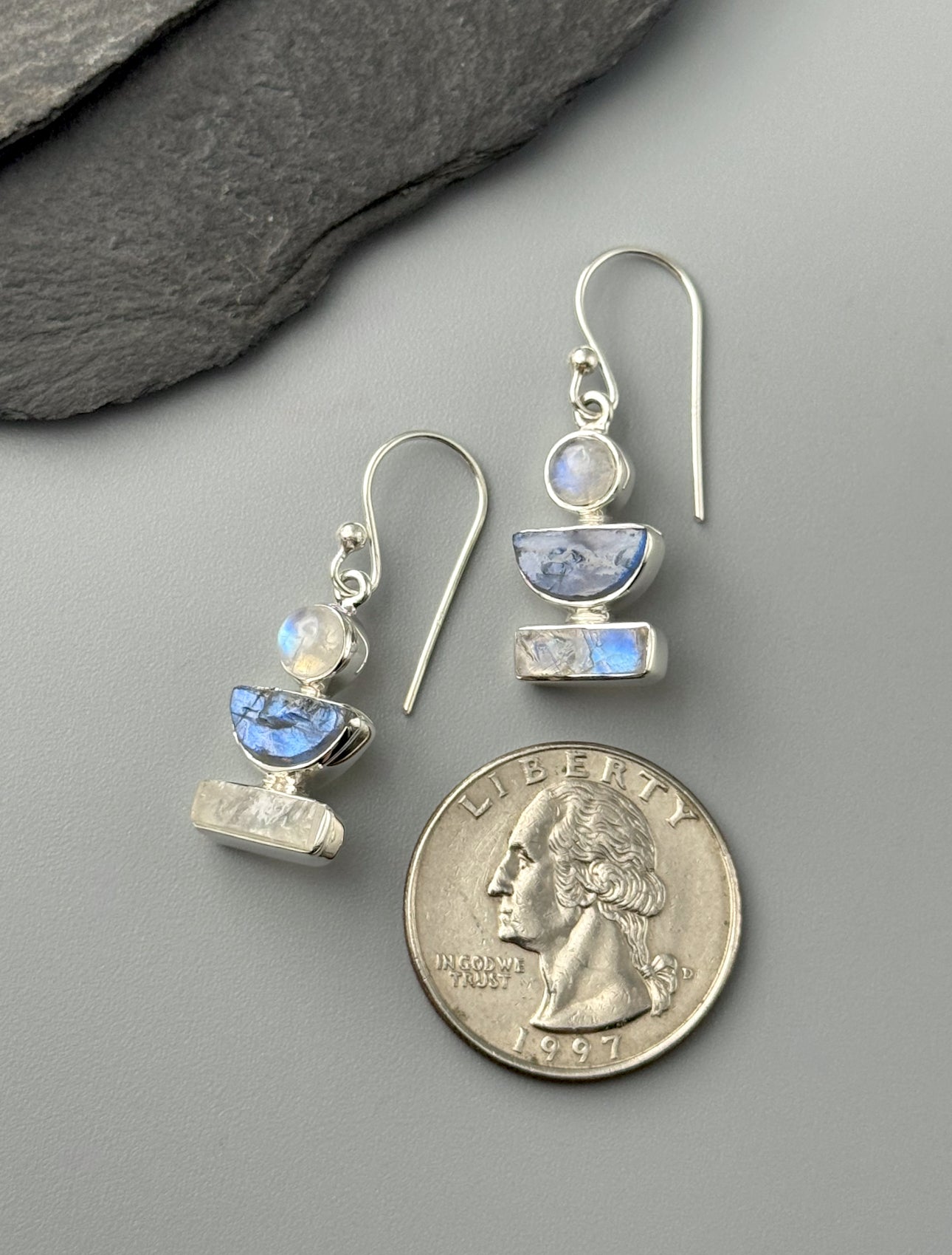 •RAINBOW MOONSTONE + LABRADORITE - BALANCE• silver dangle earrings