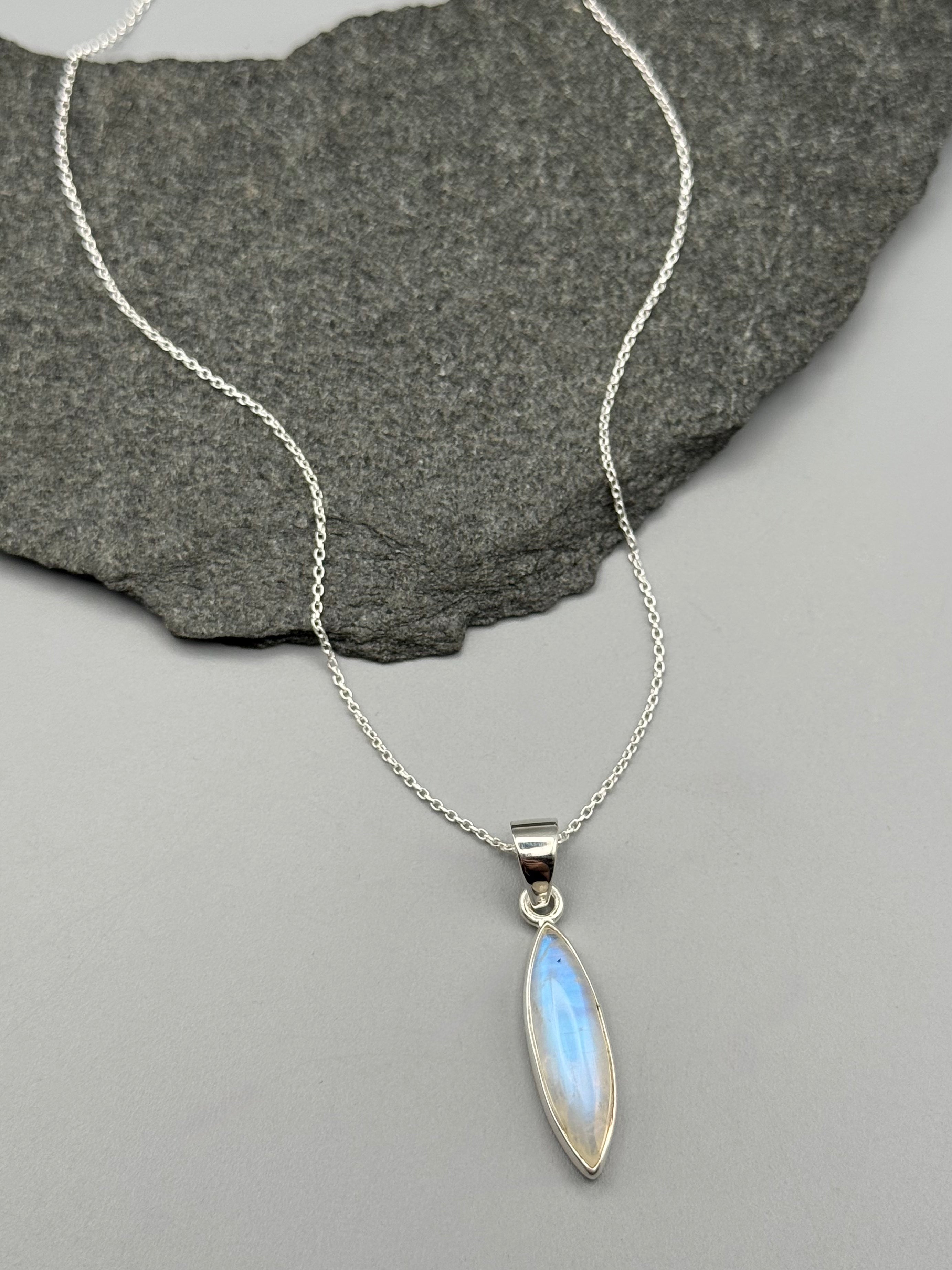 •RAINBOW MOONSTONE - MARQUISE• sterling silver necklace (18" long)