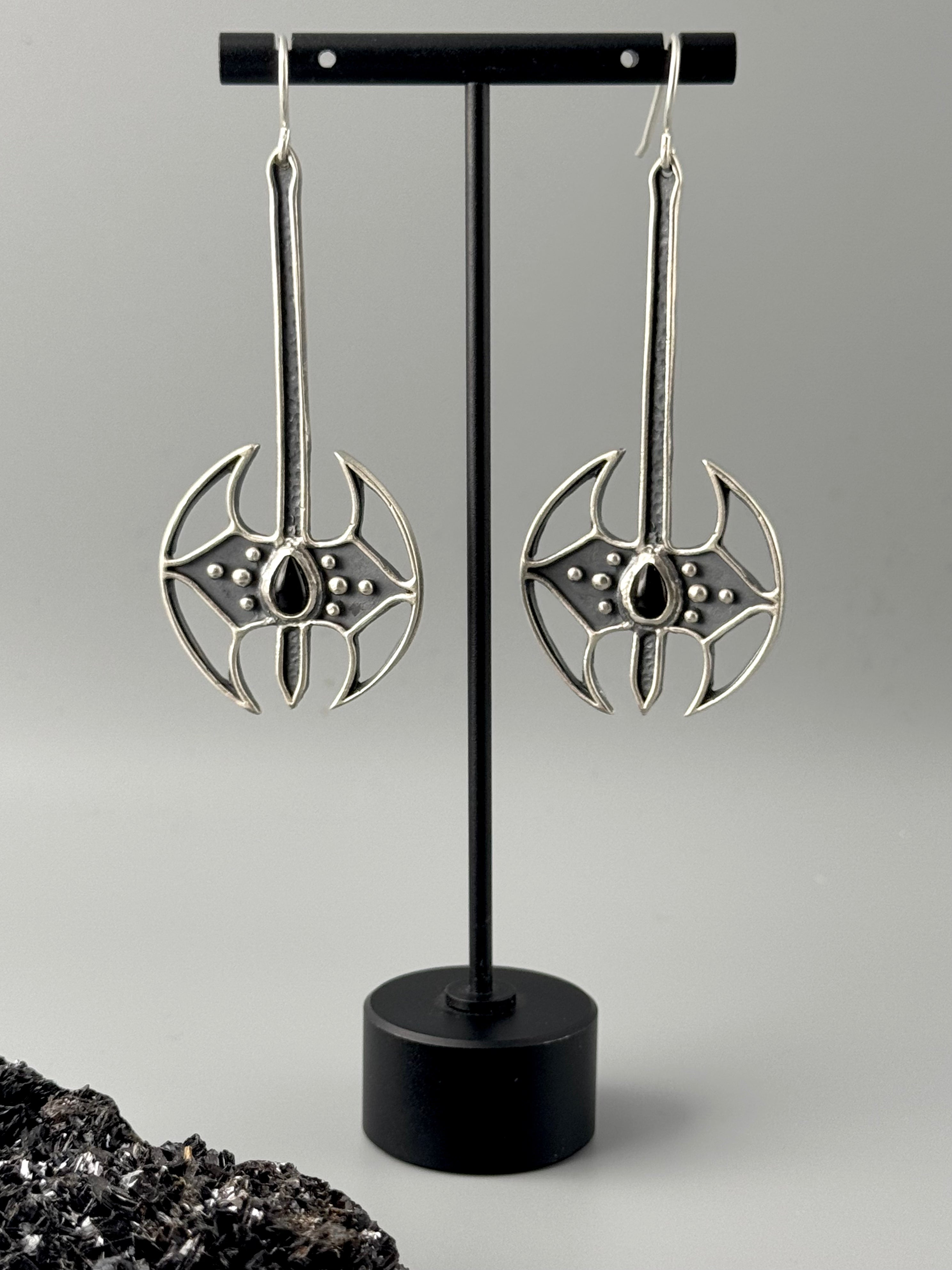 •BATTLE AXE• onyx + silver dangle earrings
