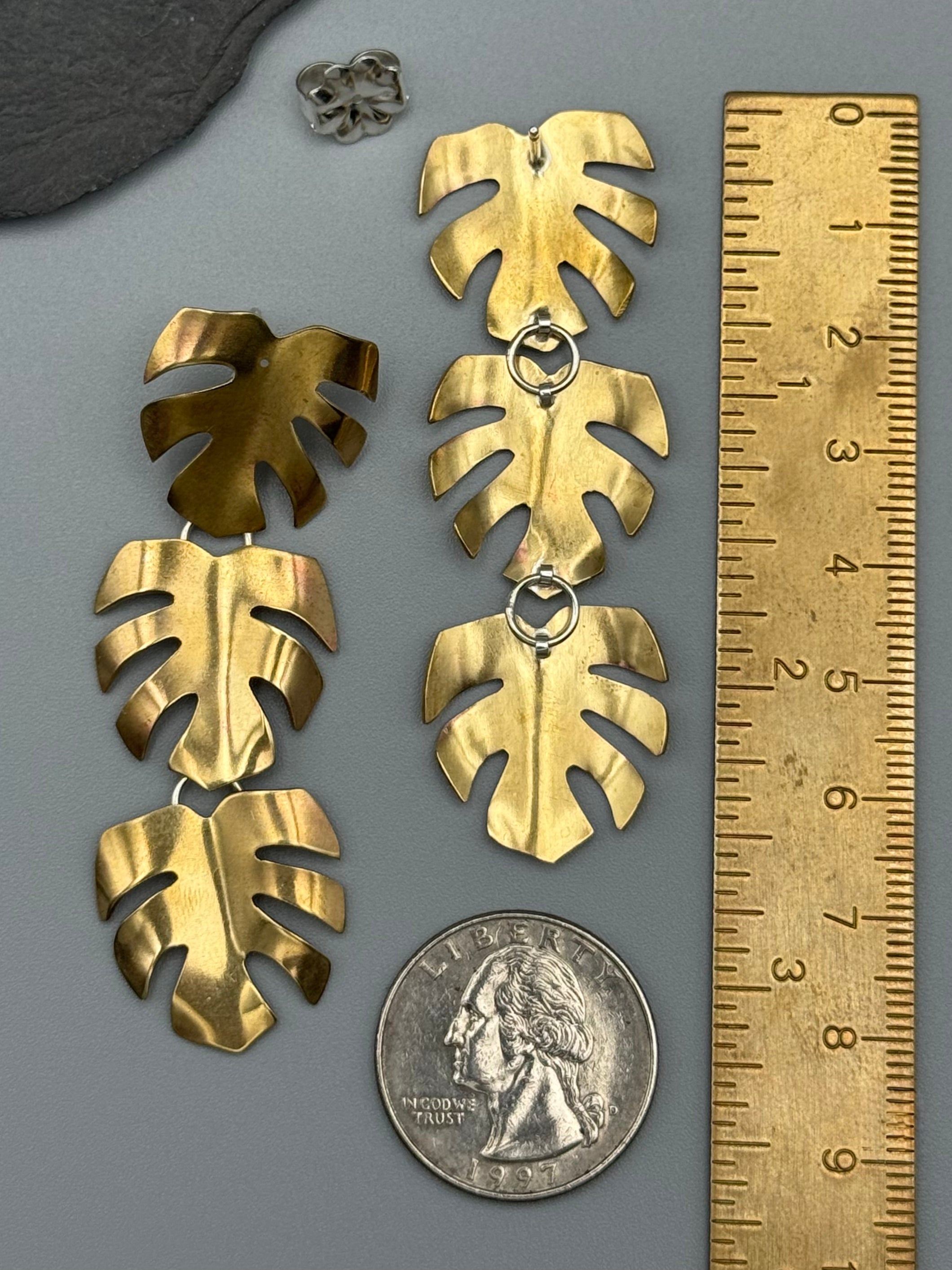 •MONSTERA TRIO• brass + silver post dangle earrings