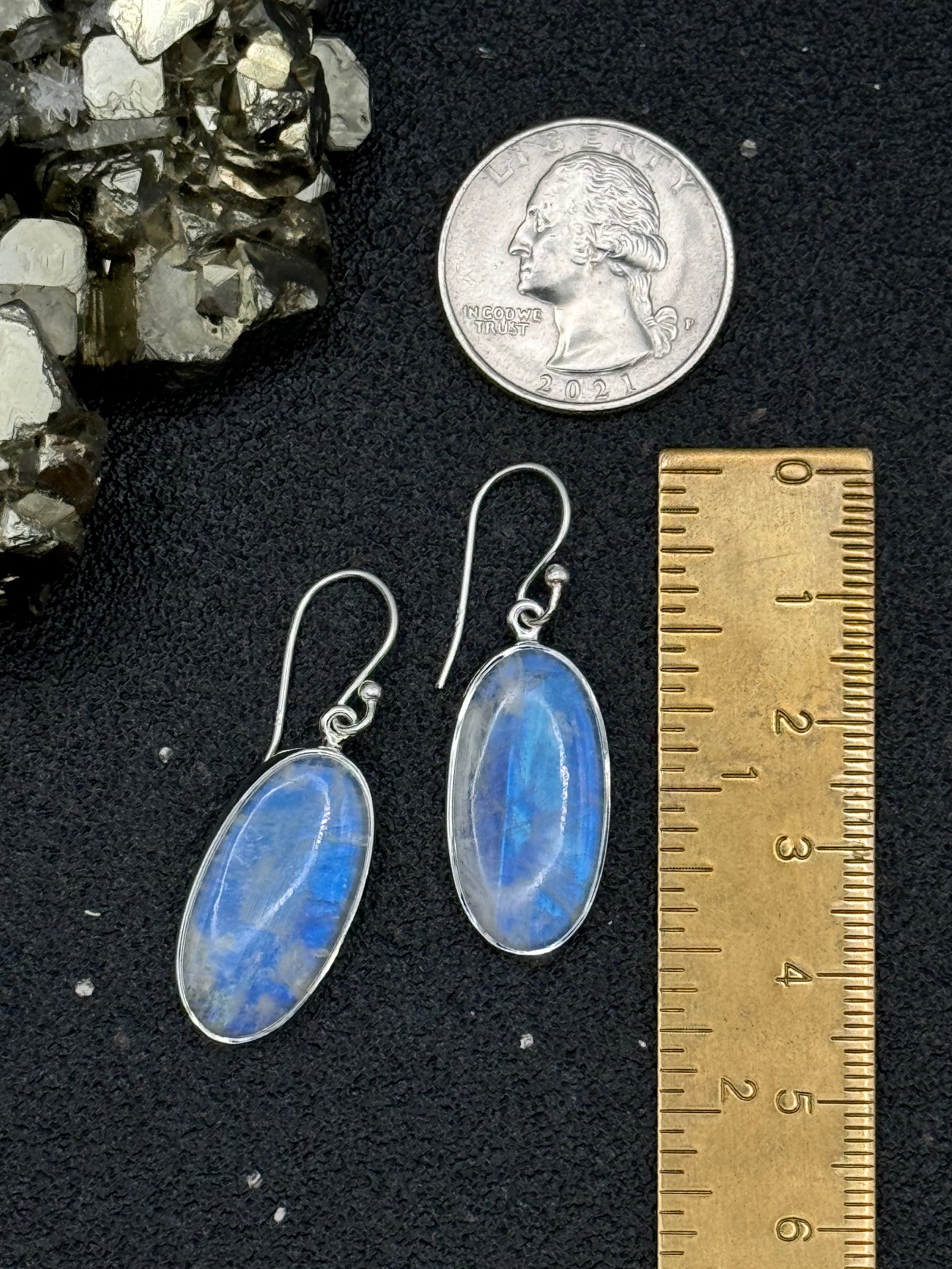 •RAINBOW MOONSTONE OVAL• silver dangle earrings