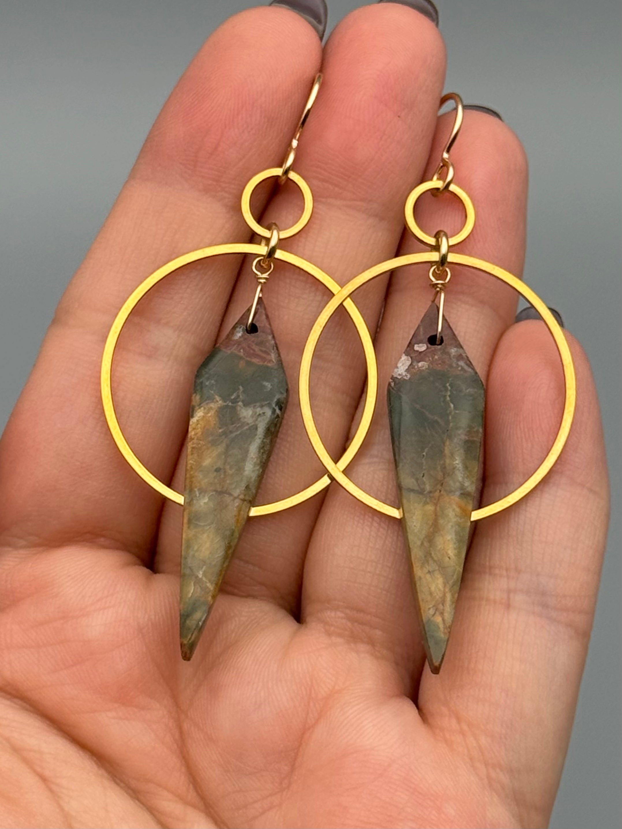 •EQUA-ORBIT• red creek jasper wide spear + gold earrings