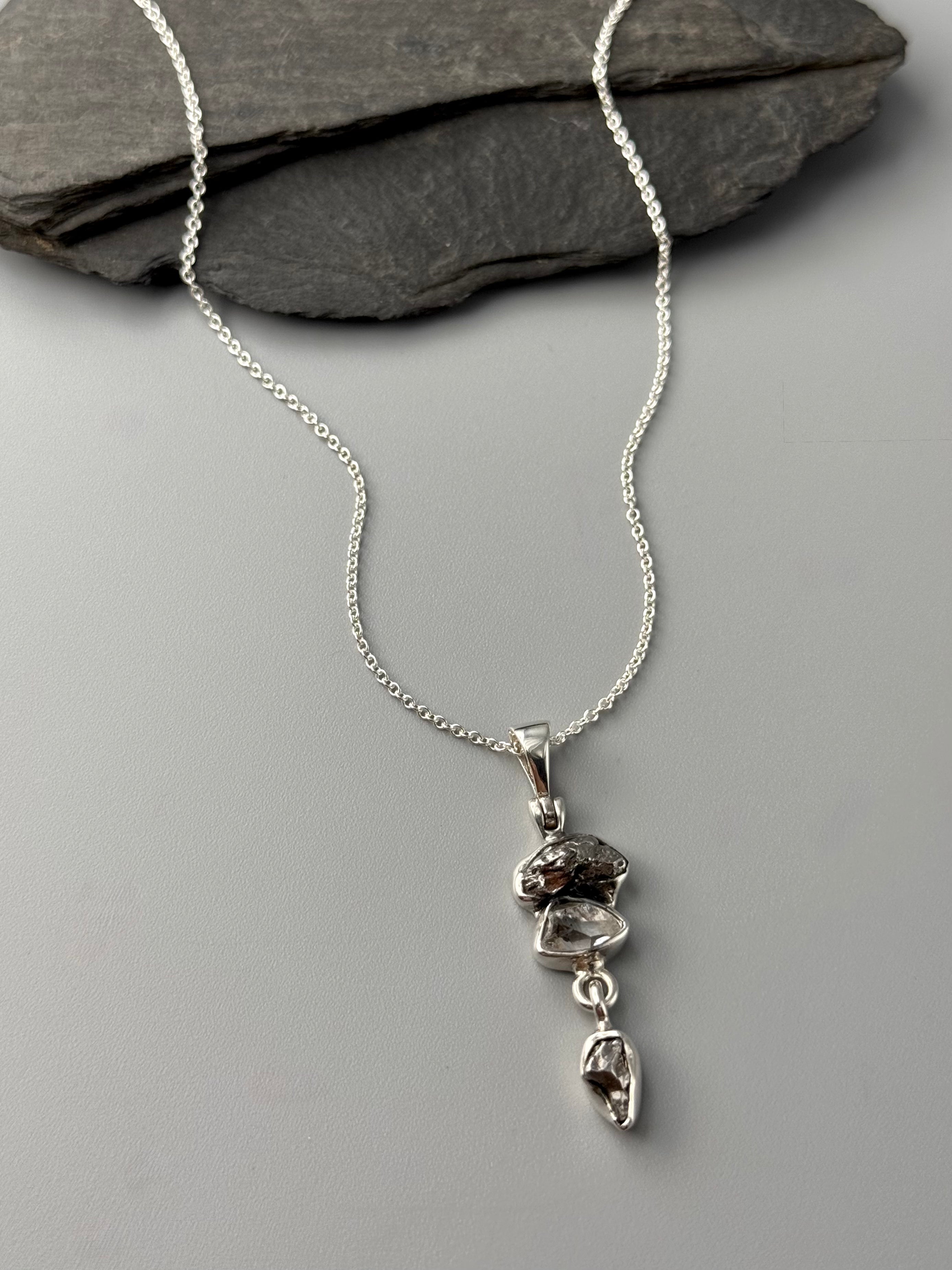 •LIL' TRIO DROP• meteorite + herkimer sterling silver necklace (18" long)