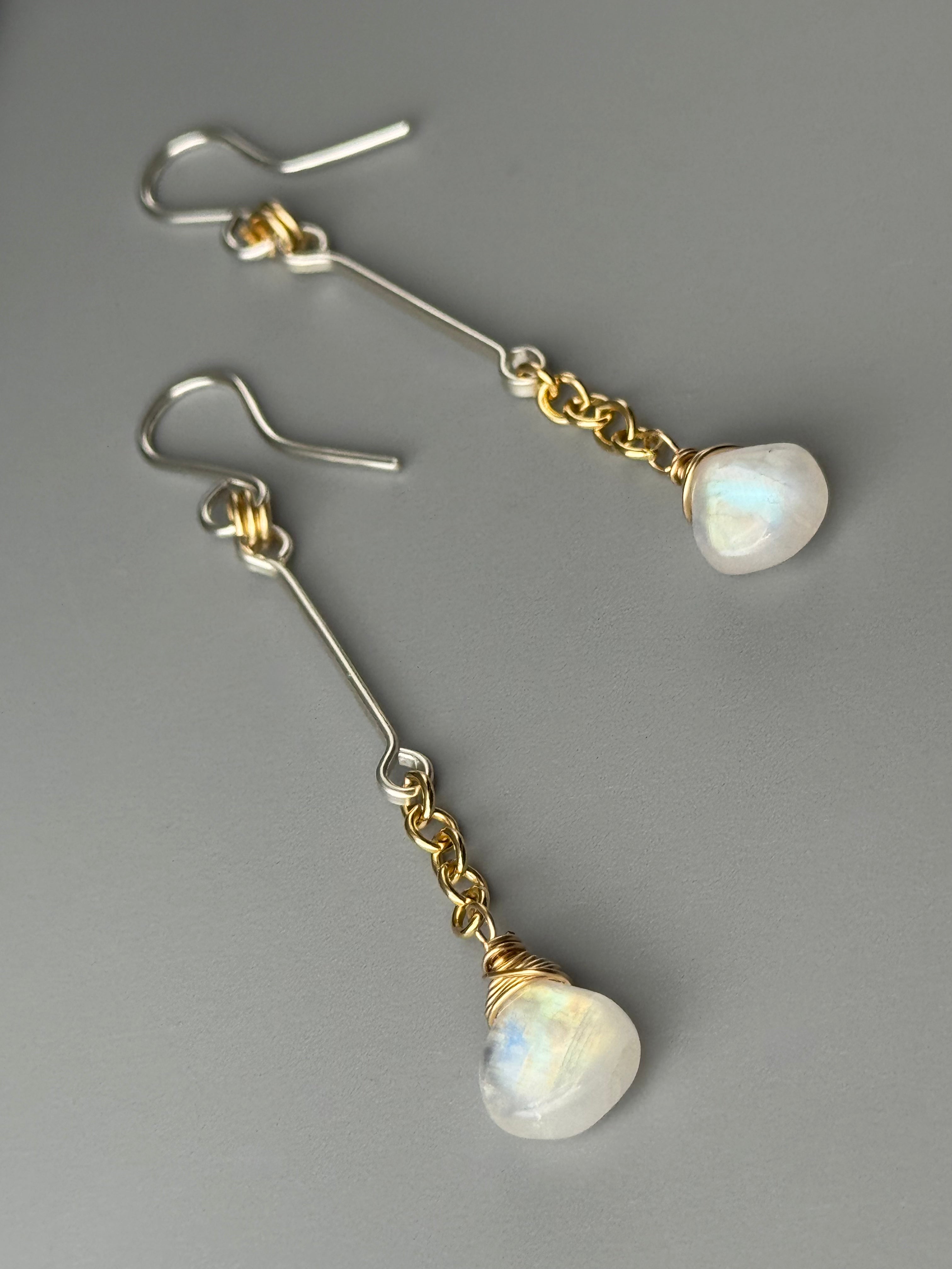 •LINEAR DROP• rainbow moonstone + mixed metal dangle earrings