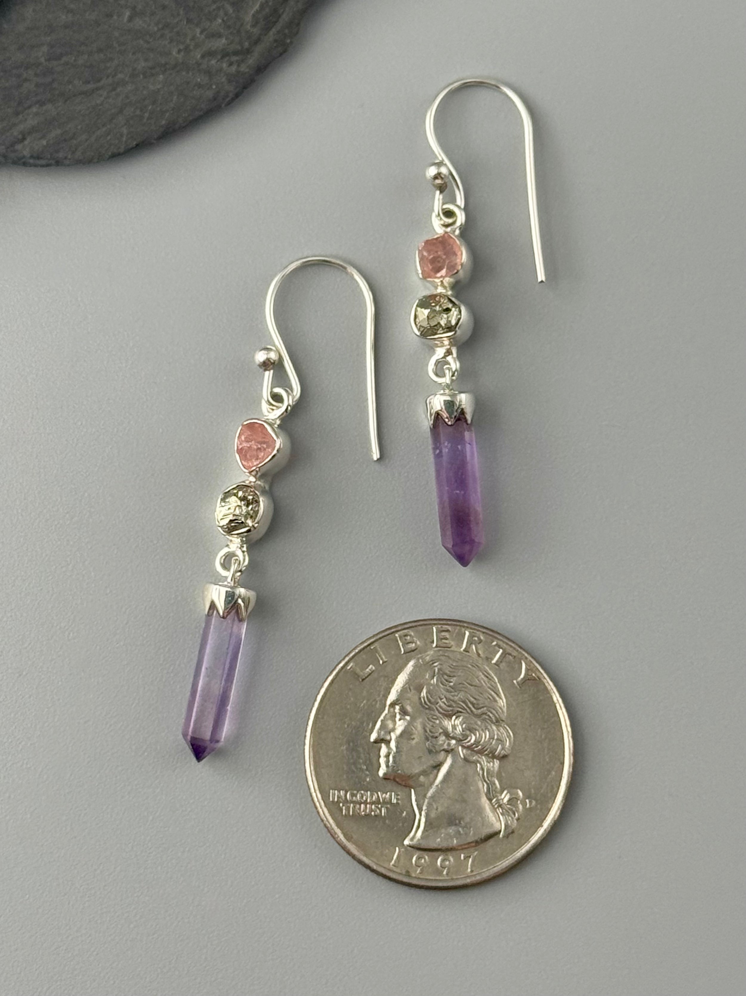 •AMETHYST POINT + MULTI-STONE• silver dangle earrings