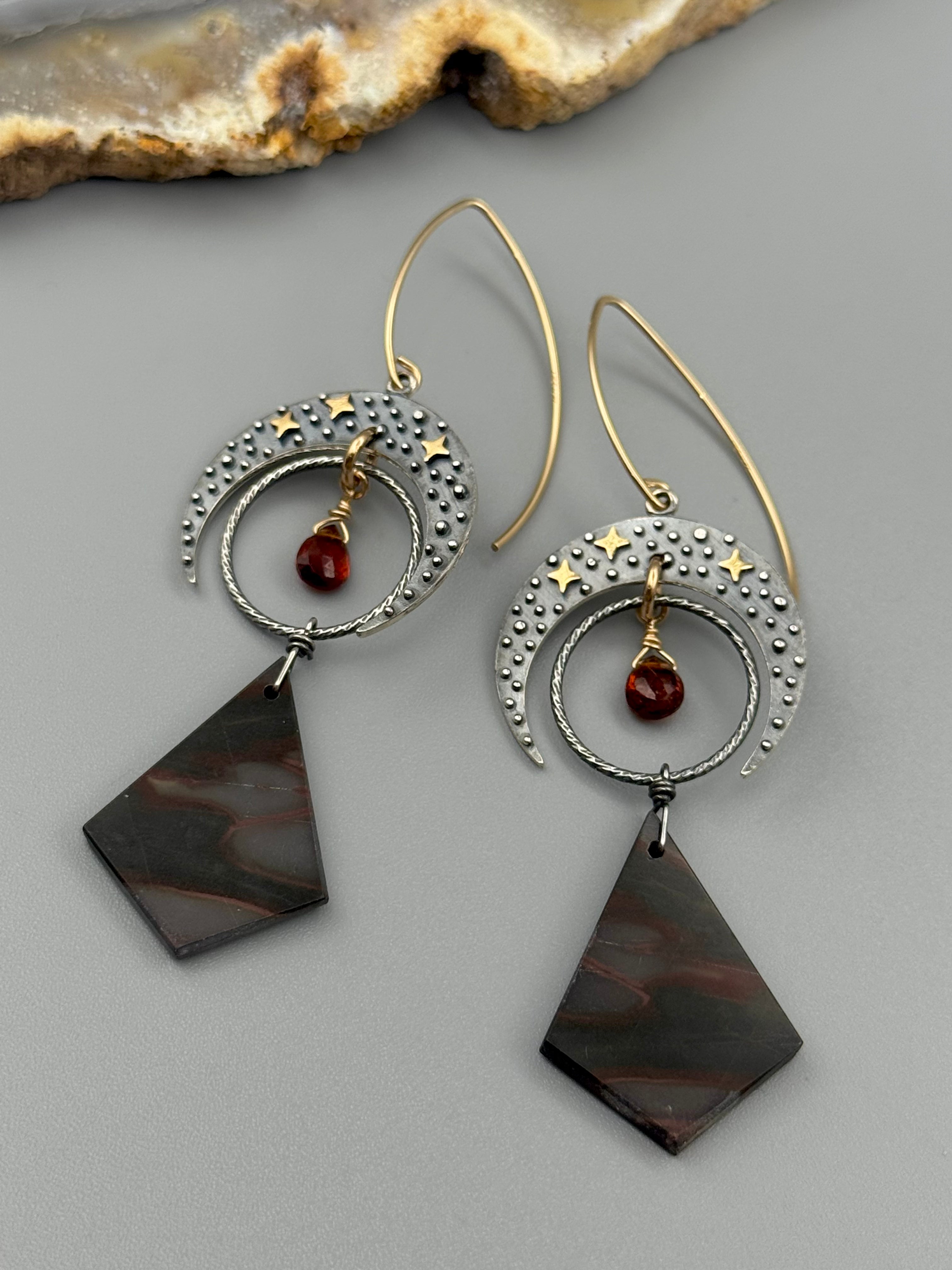 •CELESTIAL LUNA• hessonite garnet + red creek jasper mixed metal earrings