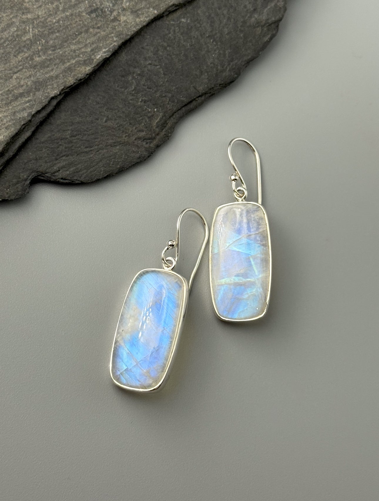 •RAINBOW MOONSTONE - SOFT RECTANGLE• silver dangle earrings