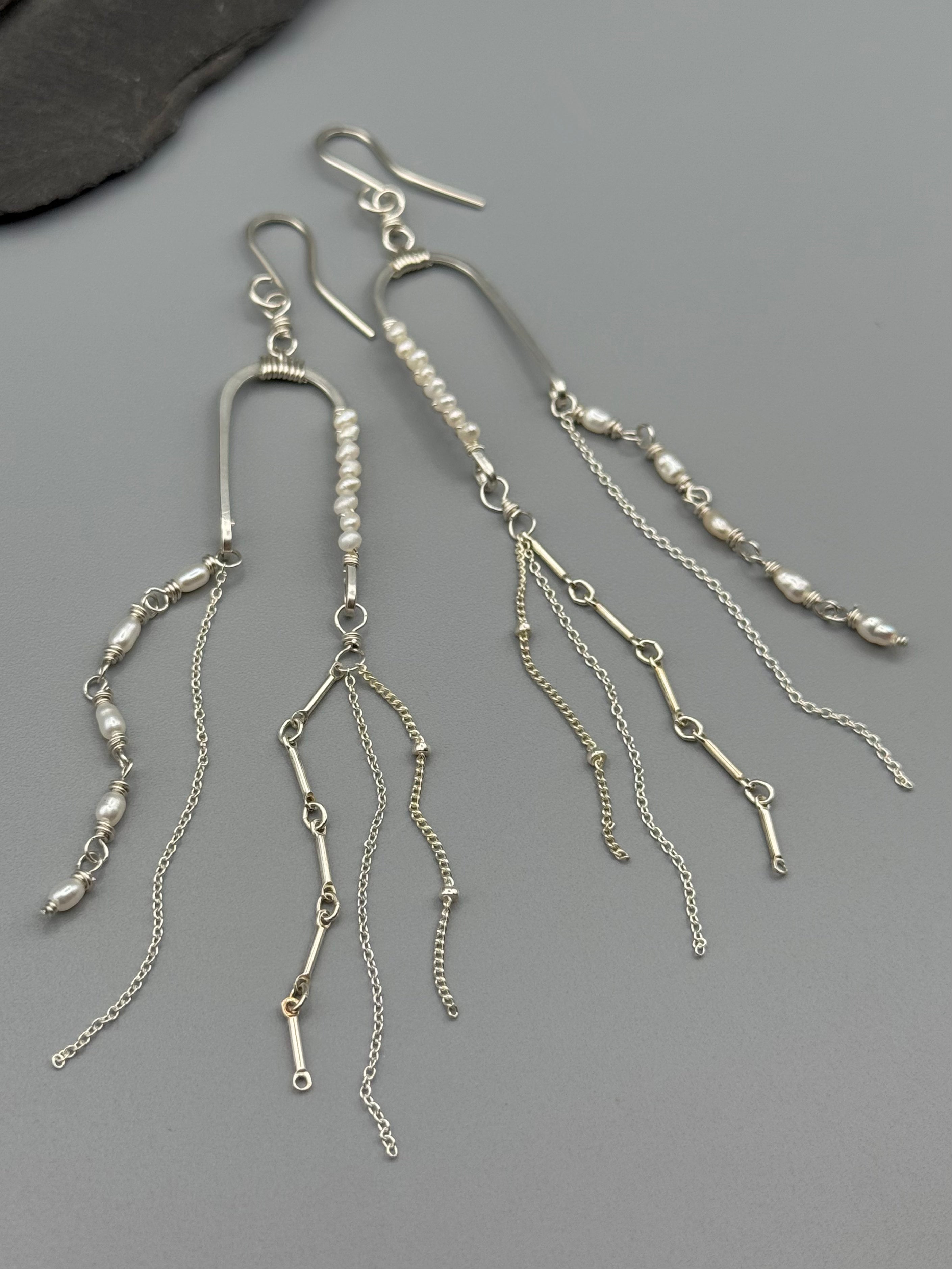 •BALANCING ACT• pearl + silver dangle earrings