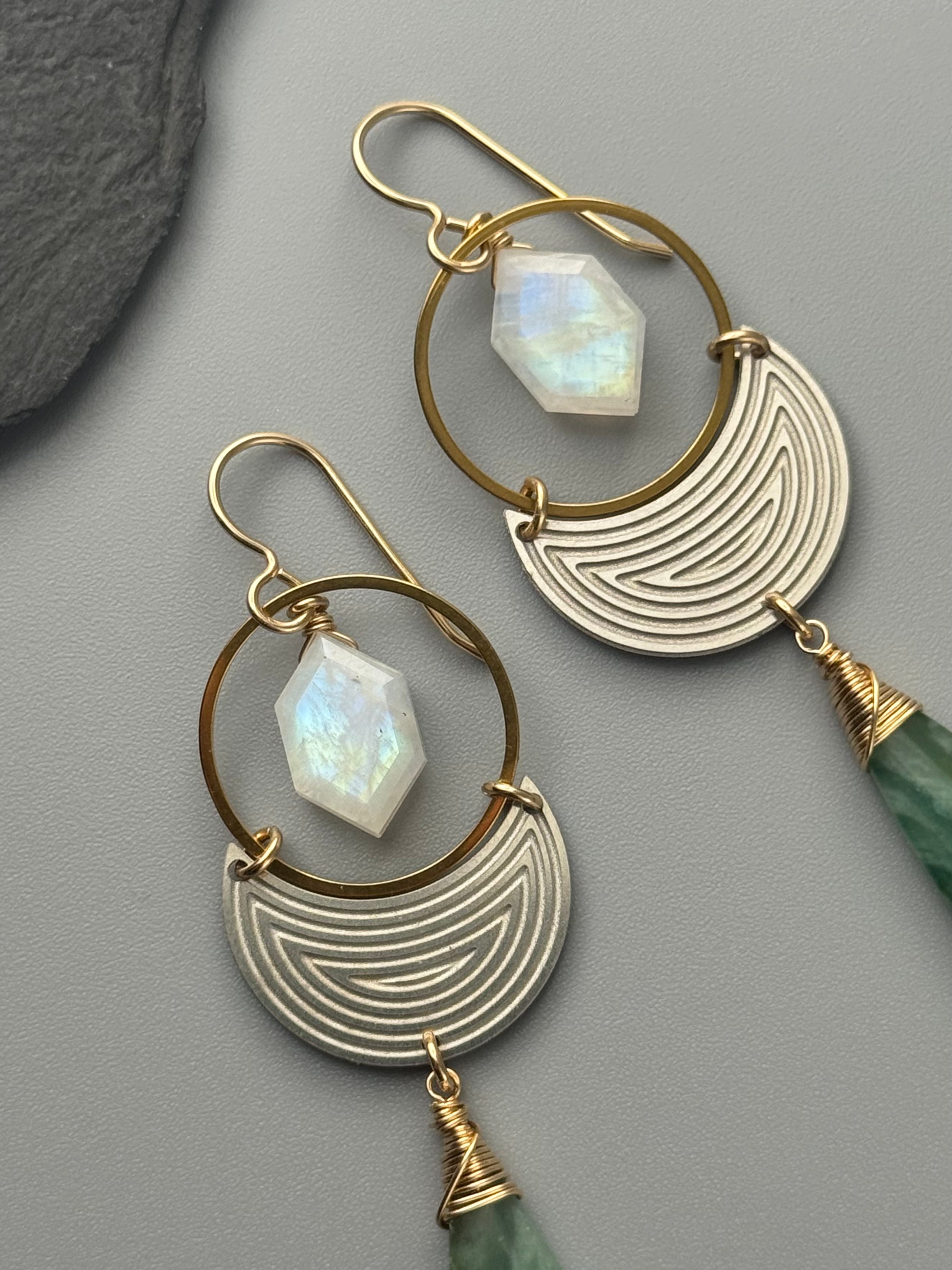 •MOON SHADOW• rainbow moonstone + jade mixed metal earrings