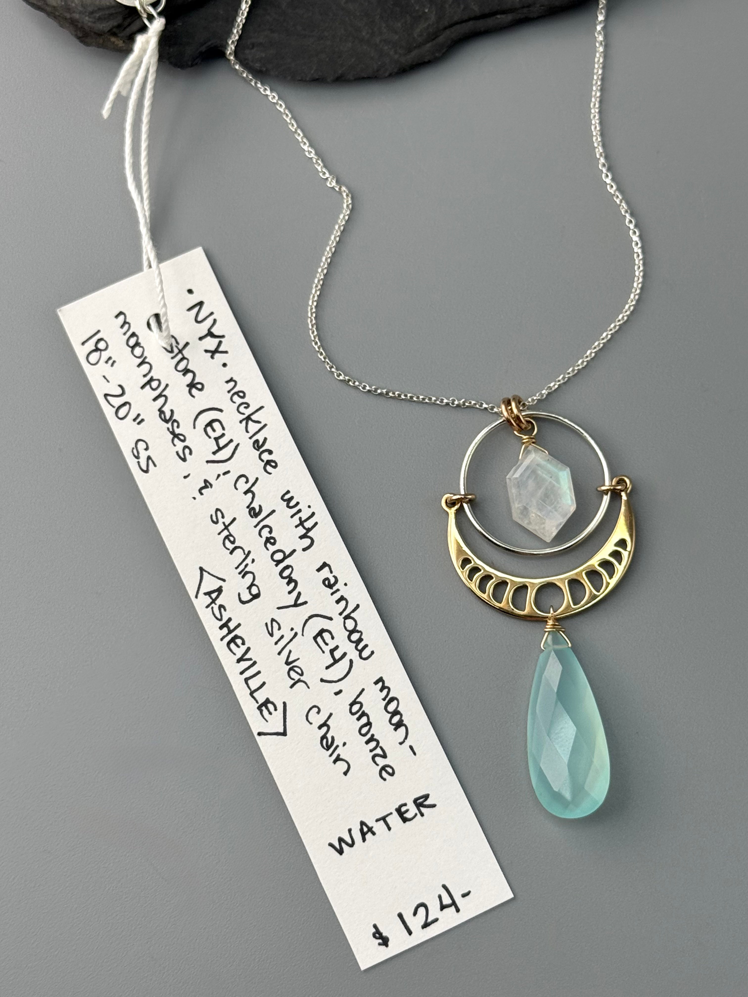 •NYX• rainbow moonstone + aqua chalcedony mixed metal necklace (18"-20" long)