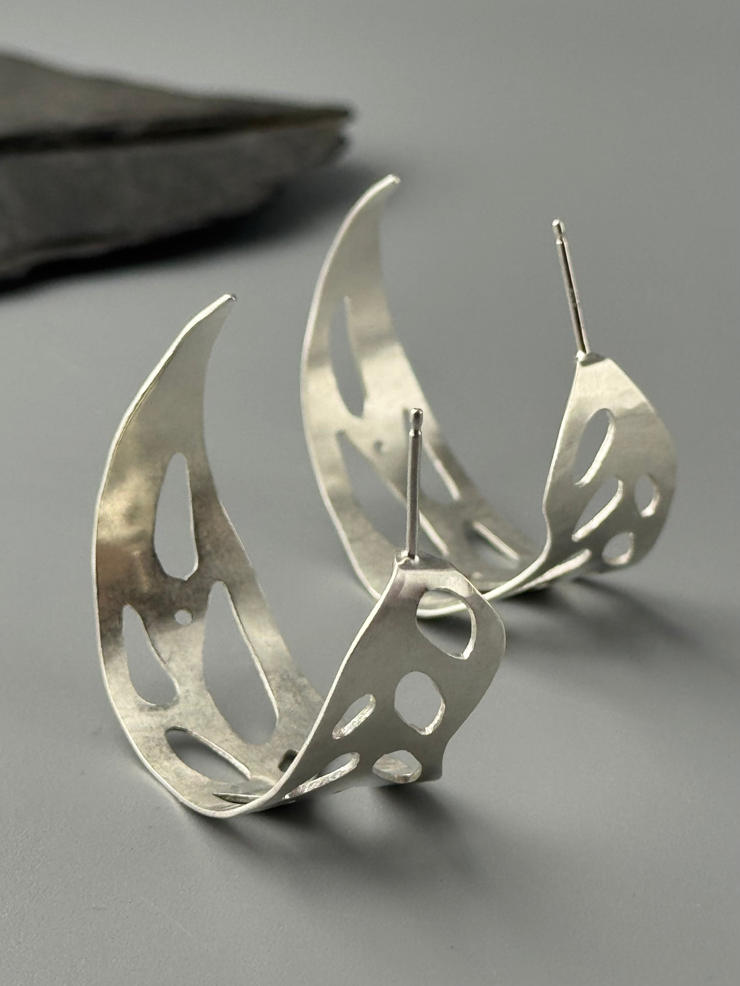 •MONSTERA HOOPS• silver post earrings