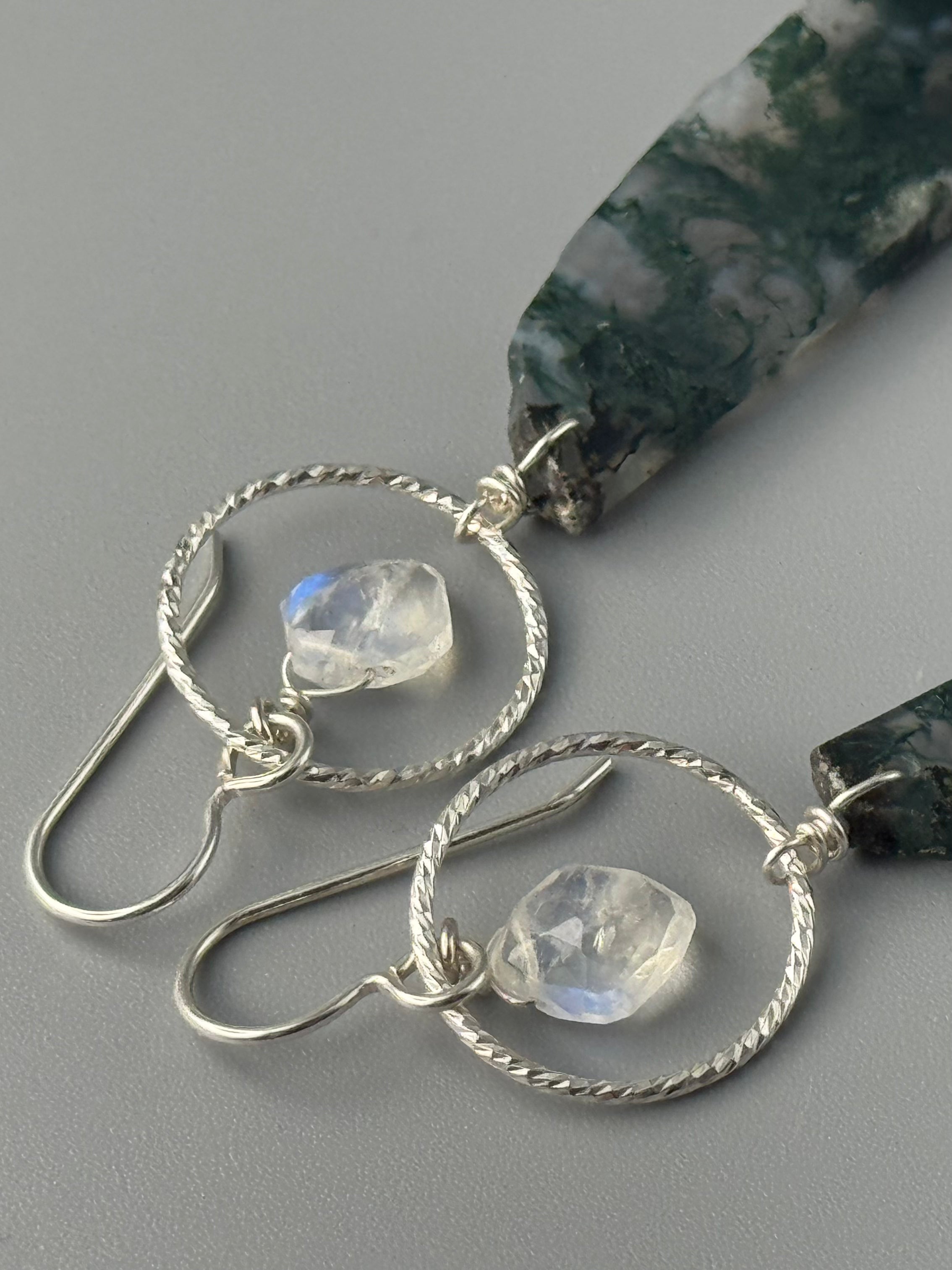 •LUNA• rainbow moonstone + moss agate silver earrings