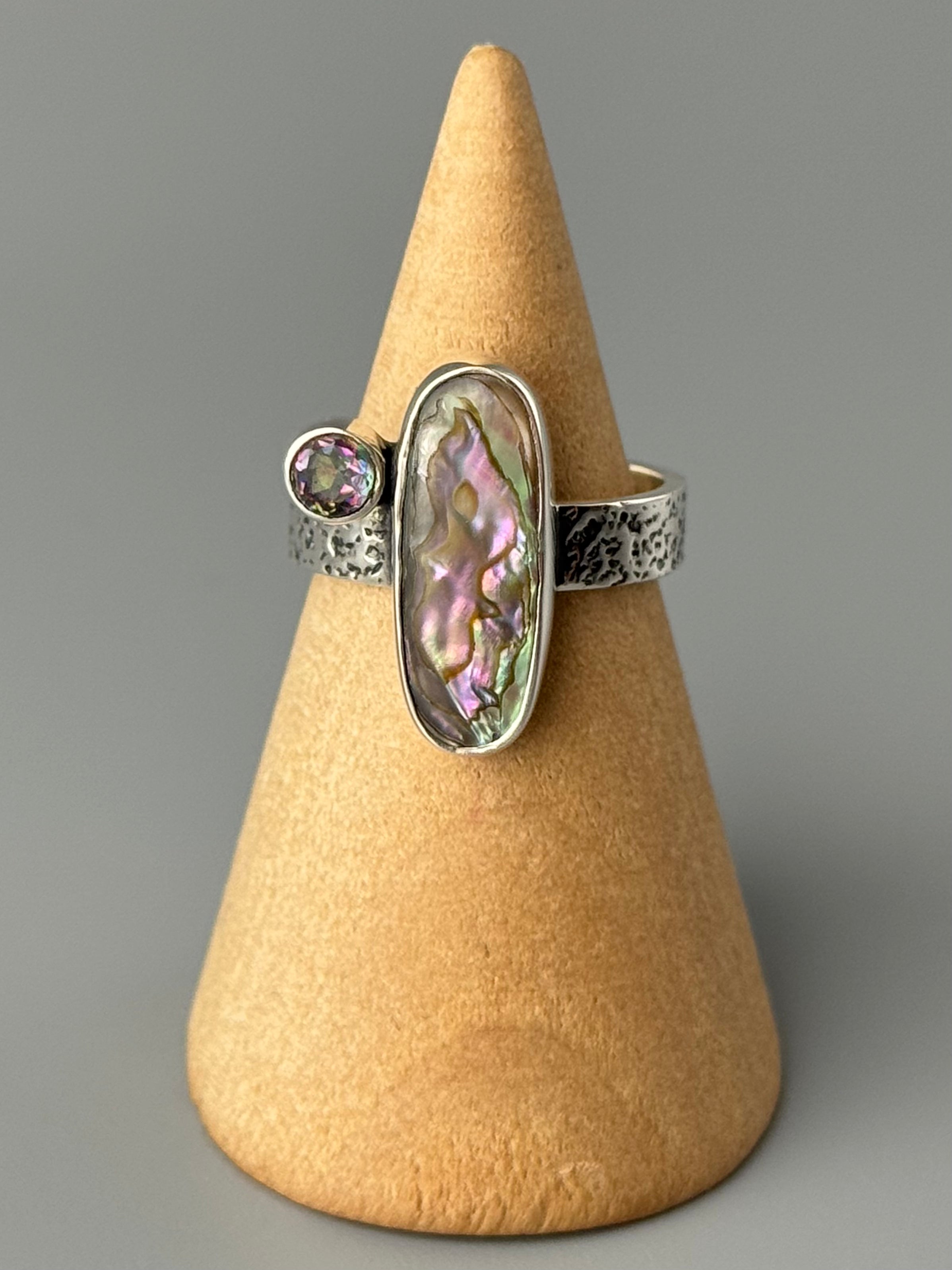 •ABALONE + MYSTIC QUARTZ - ORIGIN• textured band silver ring (various sizes)