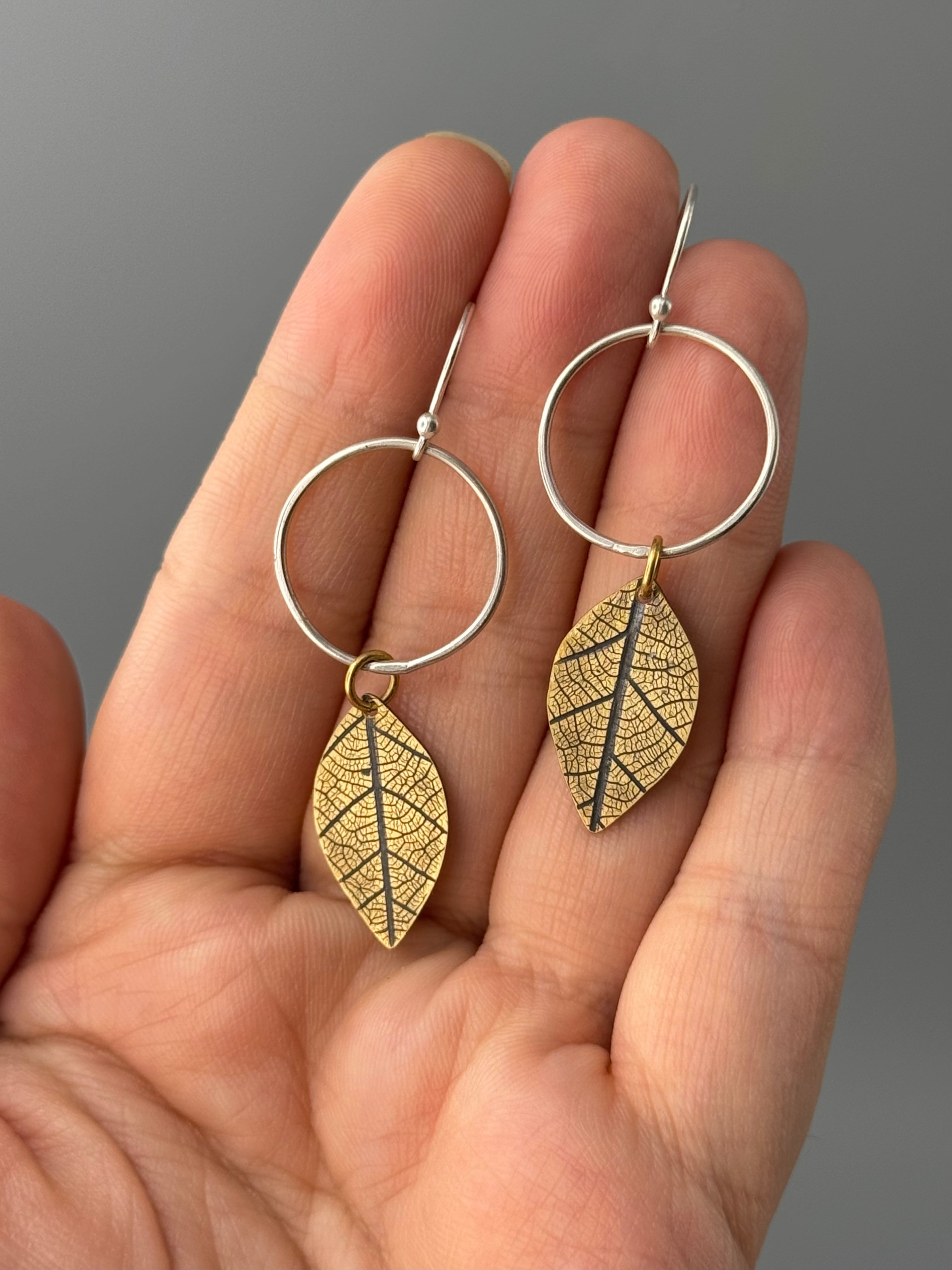 •LEAF MOON• mixed metal dangle earrings