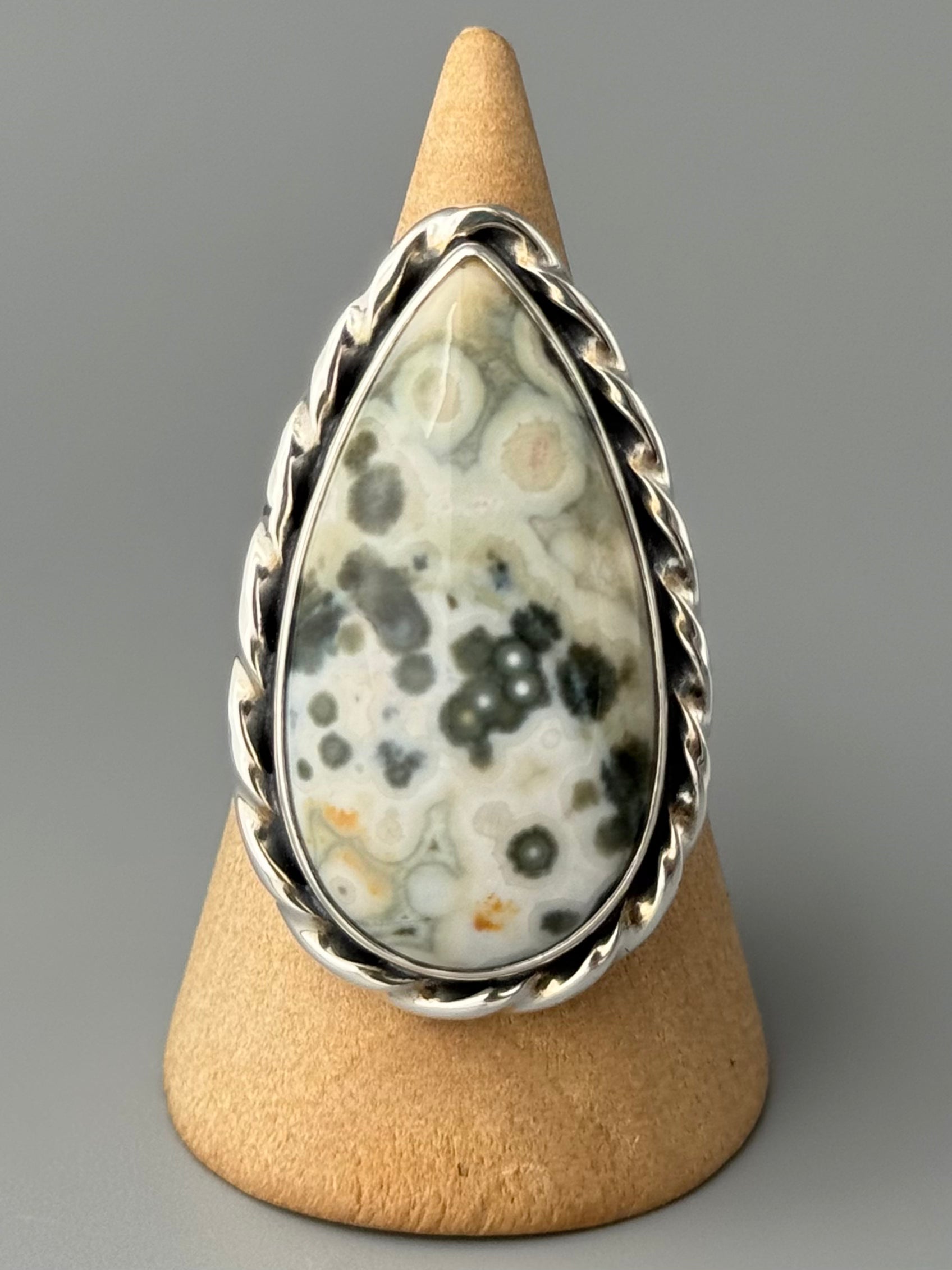 •OCEAN JASPER - TEAR• roped bezel silver ring (size 10)