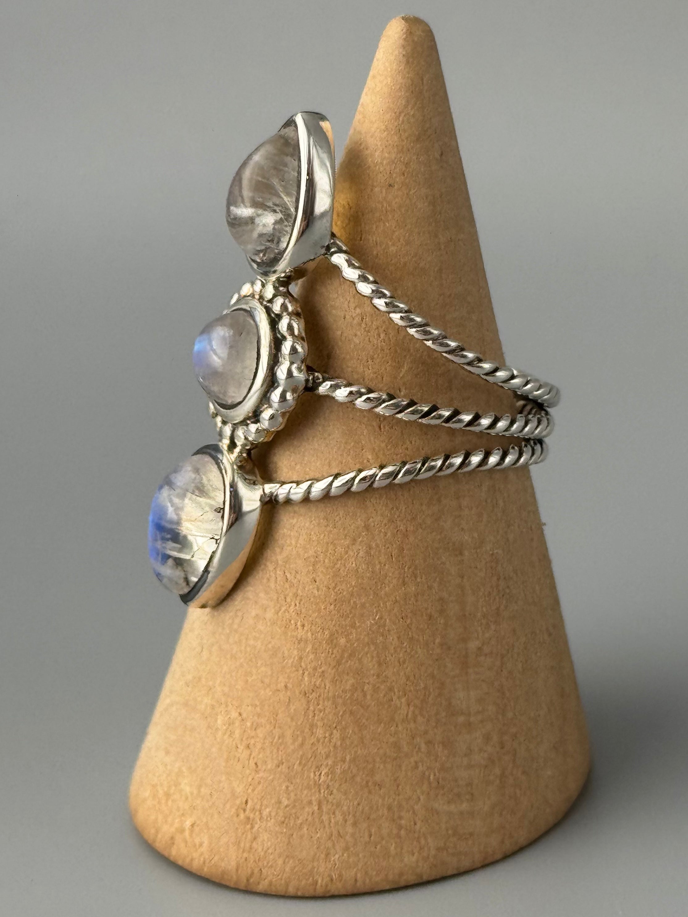 •RAINBOW MOONSTONE - EQUATOR• triple split band silver ring (various sizes)
